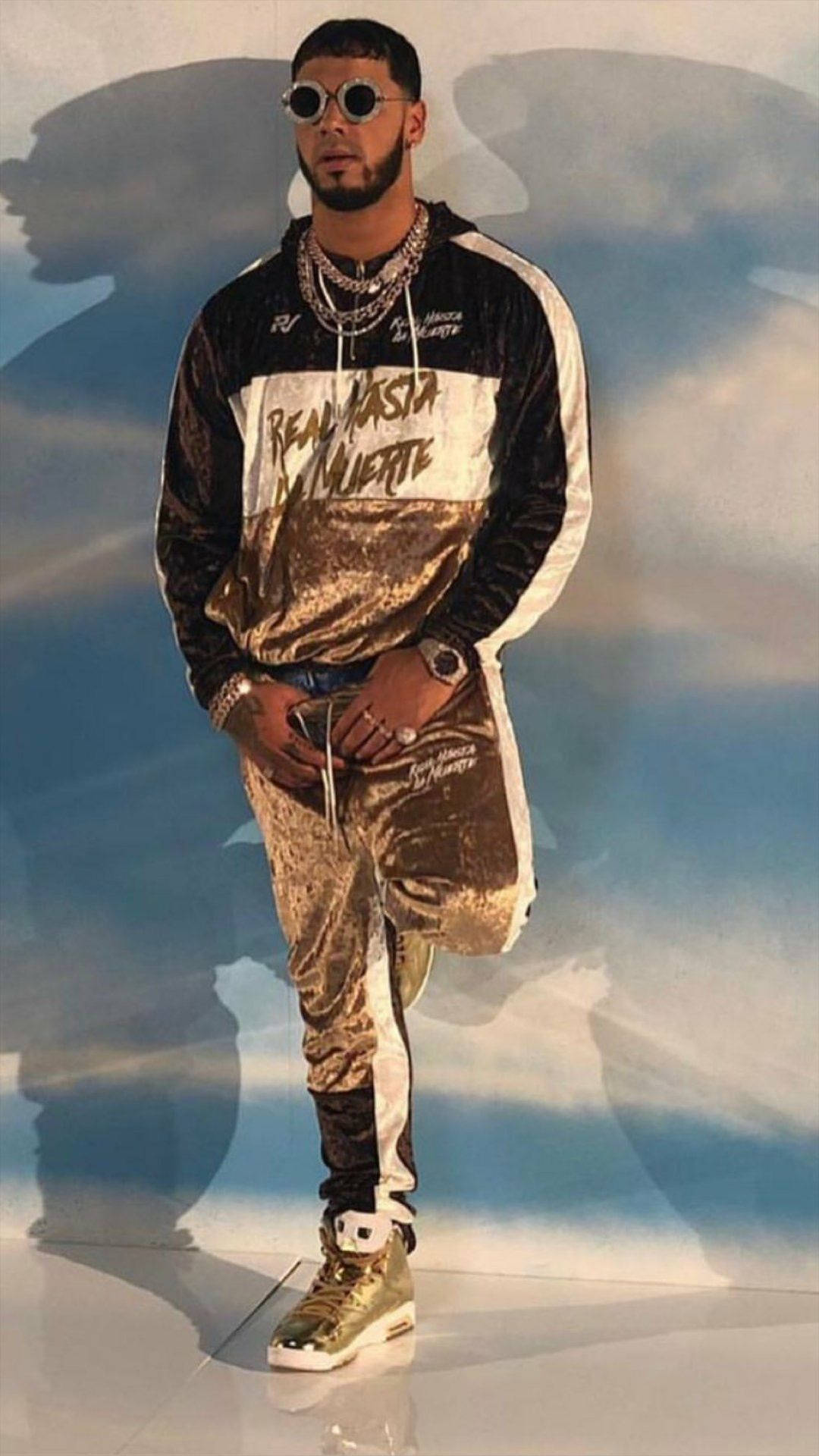 Anuel AA, gold and black velvet tracksuit, sunglasses, Full HD Phone Wallpaper