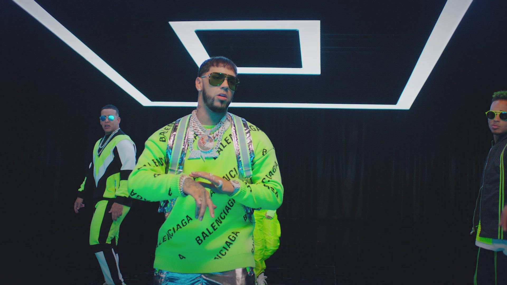 Anuel AA, neon green Balenciaga outfits, glowing geometric lights, Full HD Desktop Wallpaper