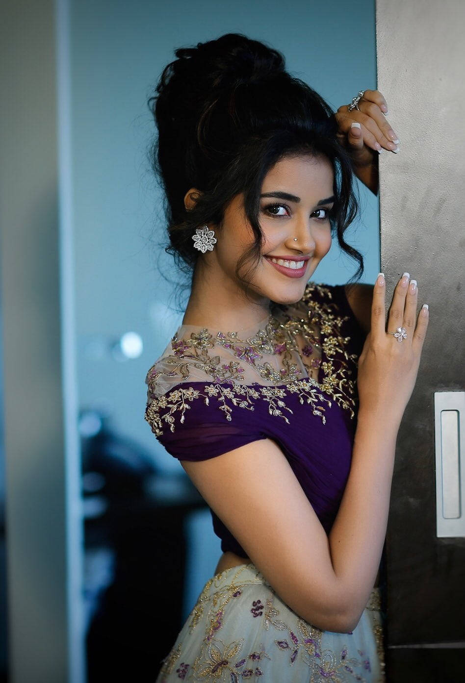 Anupama Parameswaran, purple laced gown, purple and cream embroidered outfit, HD Phone Wallpaper