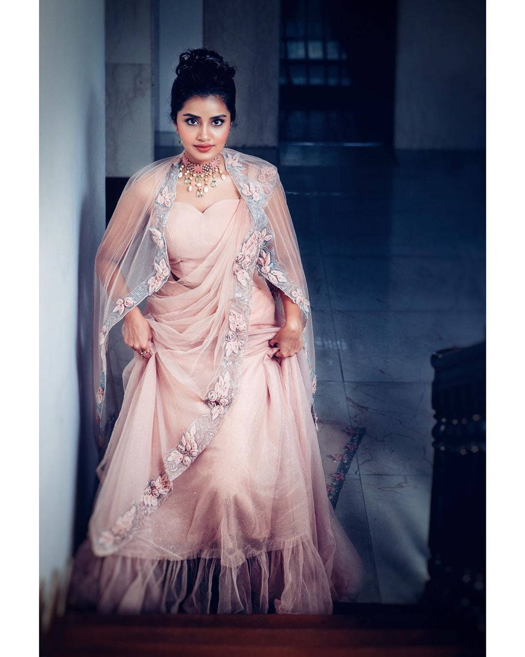 Anupama Parameswaran, pink embroidered lehenga, sheer dupatta, HD Phone Wallpaper