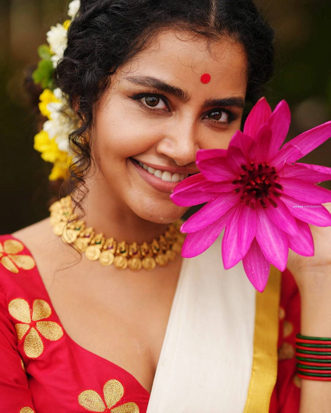 Anupama Parameswaran, pink flower, traditional red and gold attire, HD Phone Wallpaper