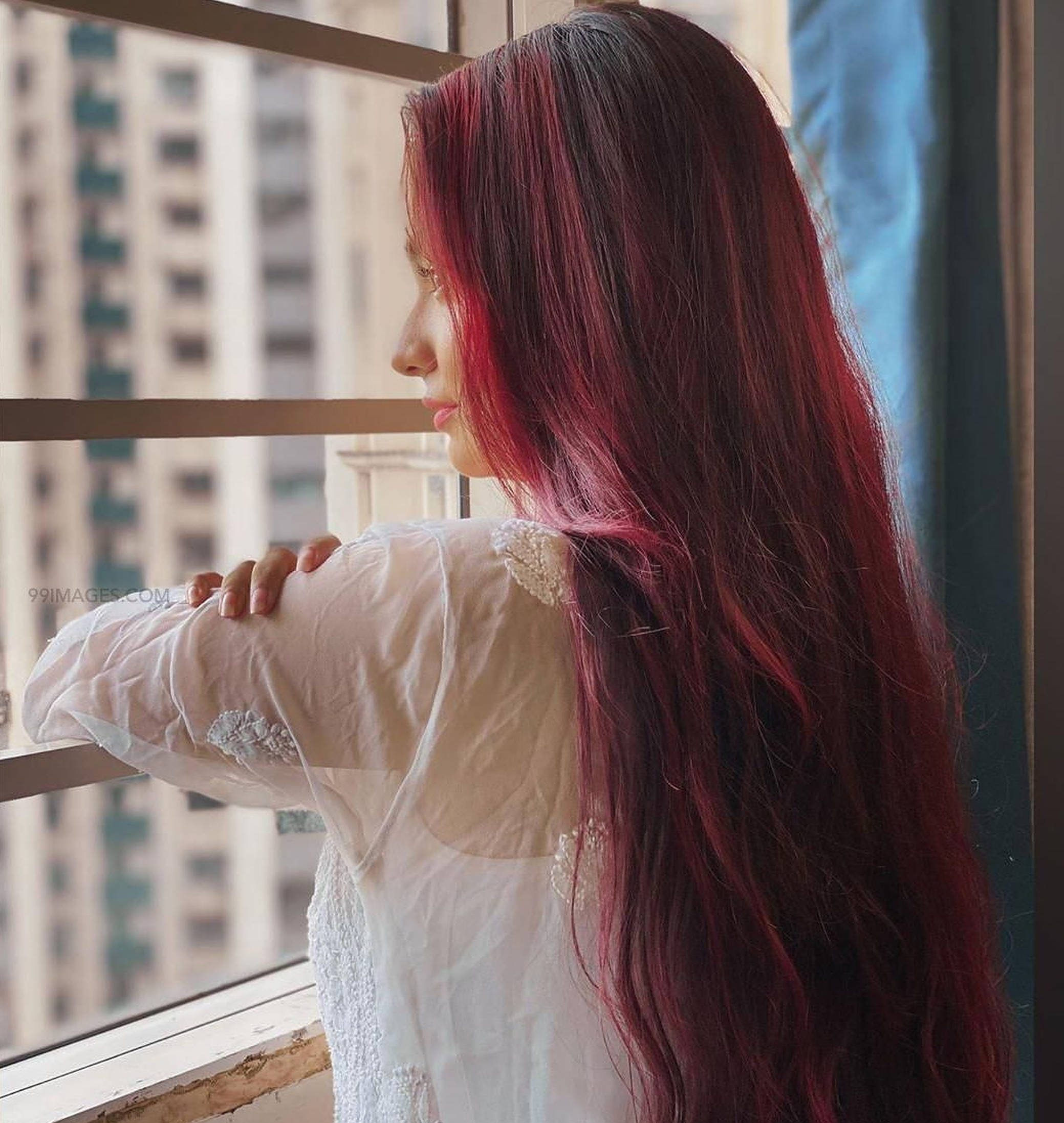 Anushka Sen, red hair, window, Full HD Phone Wallpaper