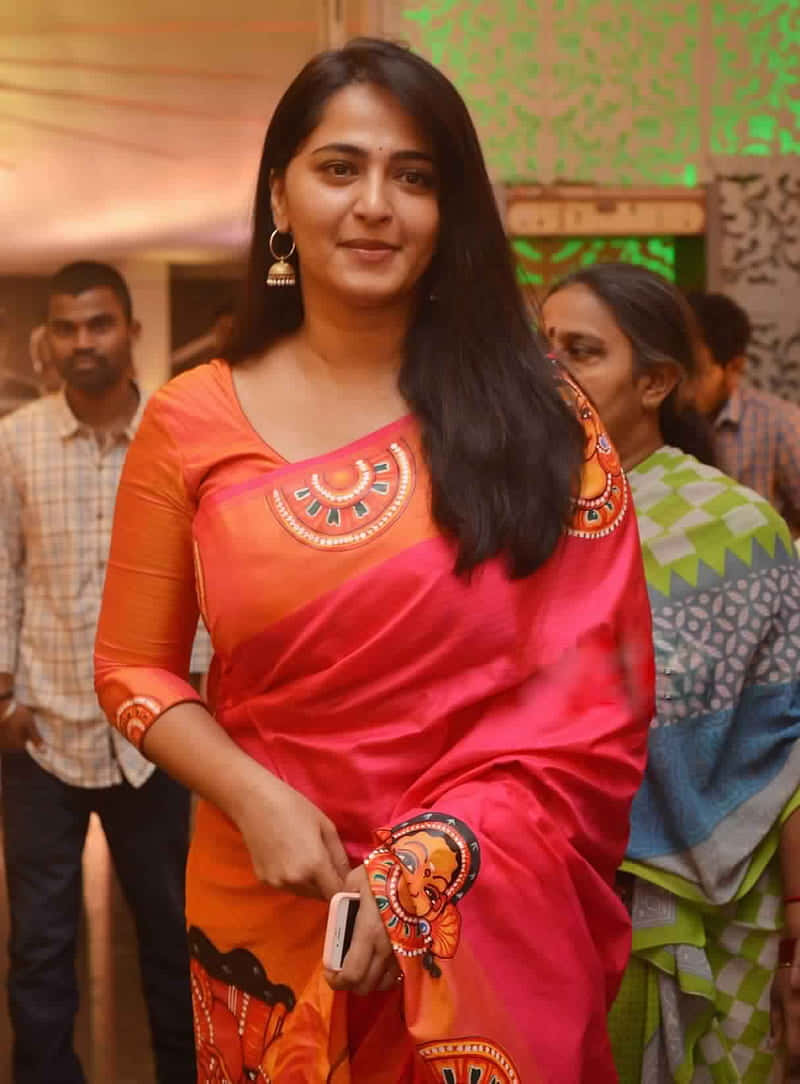 Anushka Shetty, orange saree, pink saree, SD Phone Wallpaper
