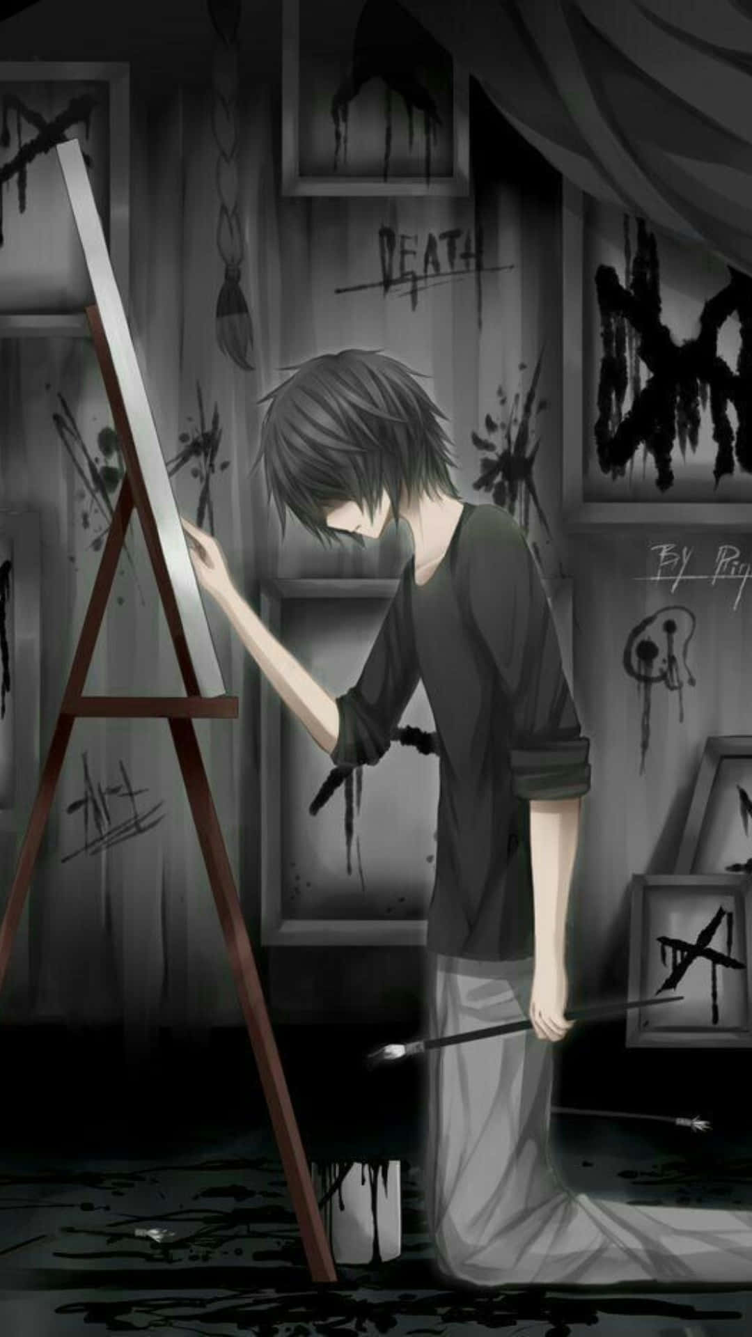 anime boy, easel, gritty studio, Full HD Phone Wallpaper