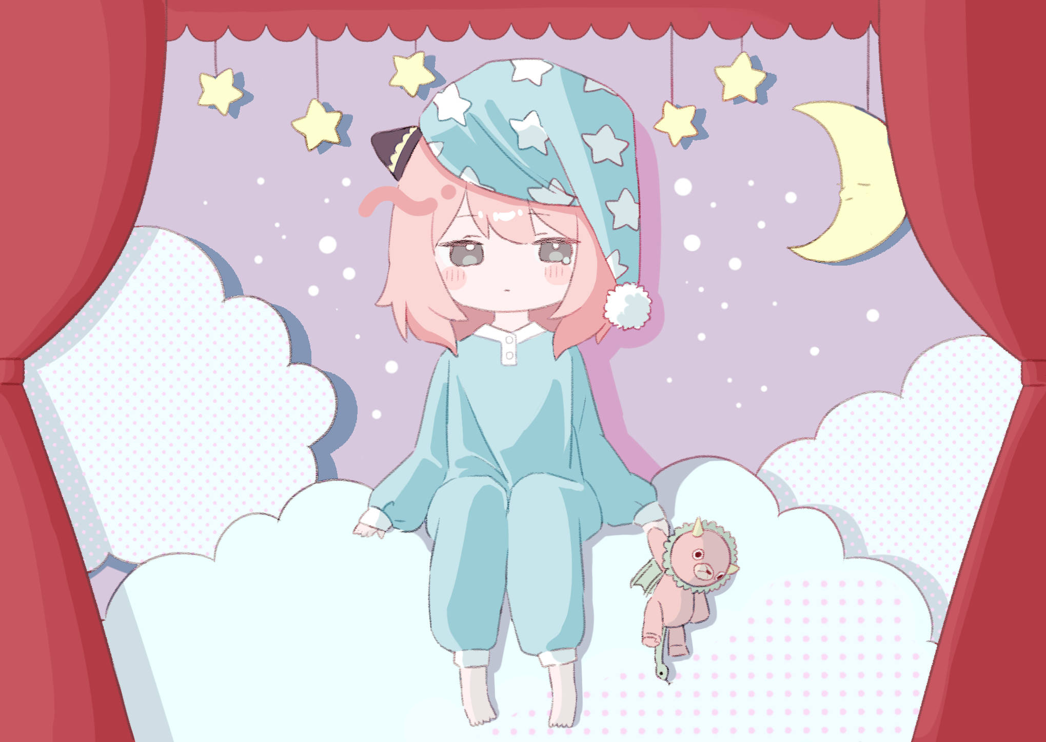 Anya Forger, blue star pajamas, crescent moon, Full HD Desktop Wallpaper