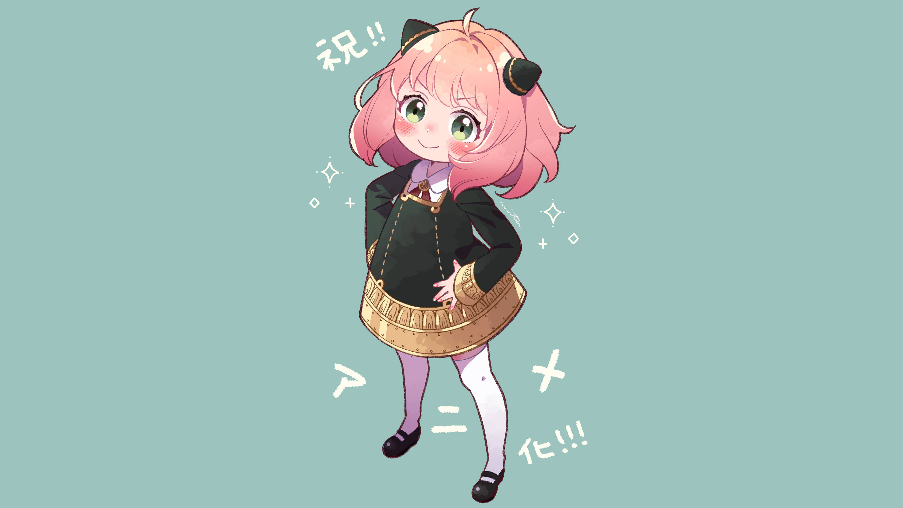 Anya Forger, pink-haired, black and gold outfit, 4K Desktop Wallpaper
