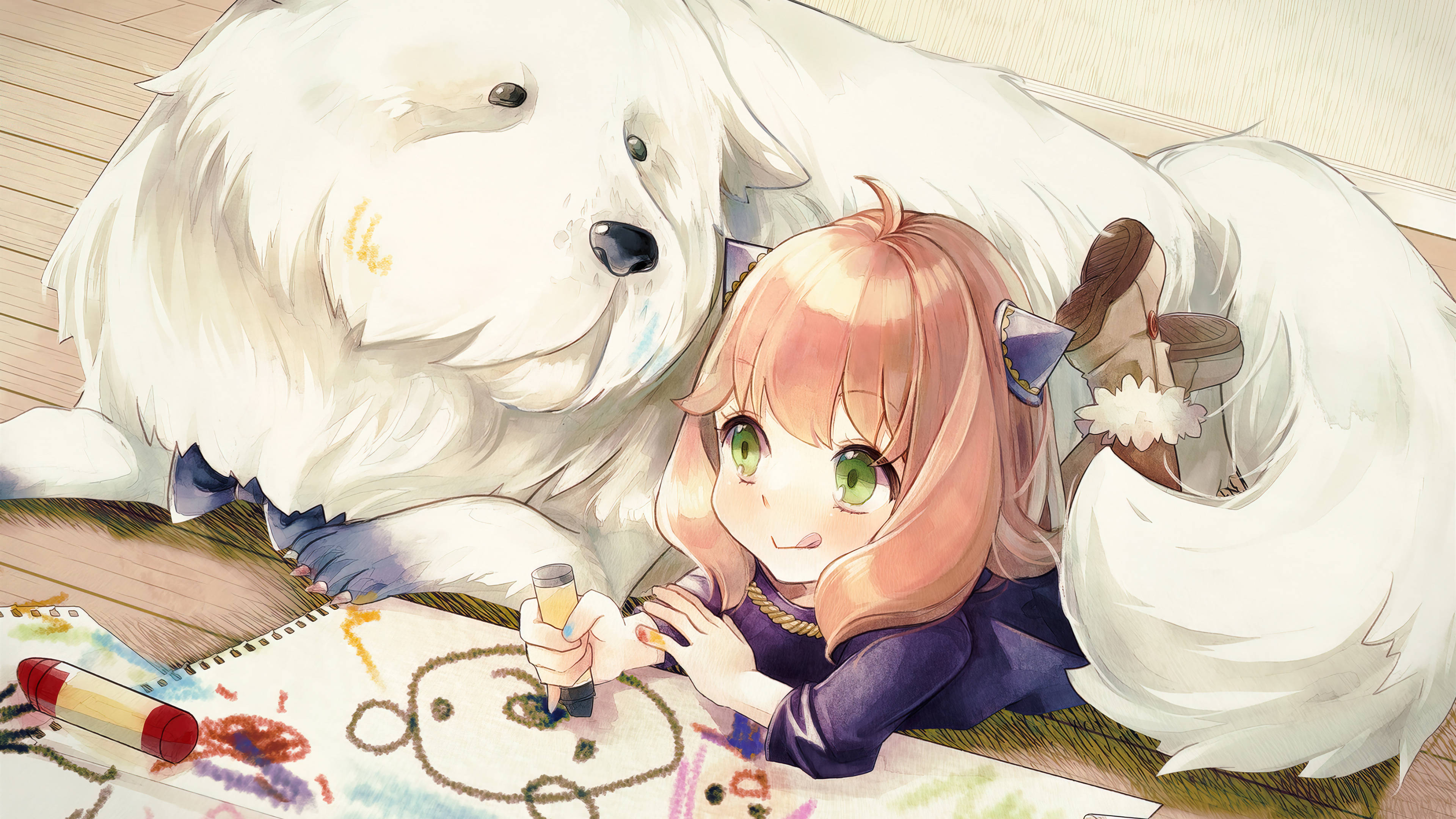 Anya Forger, pink hair, fluffy white dog, 4K Desktop Wallpaper