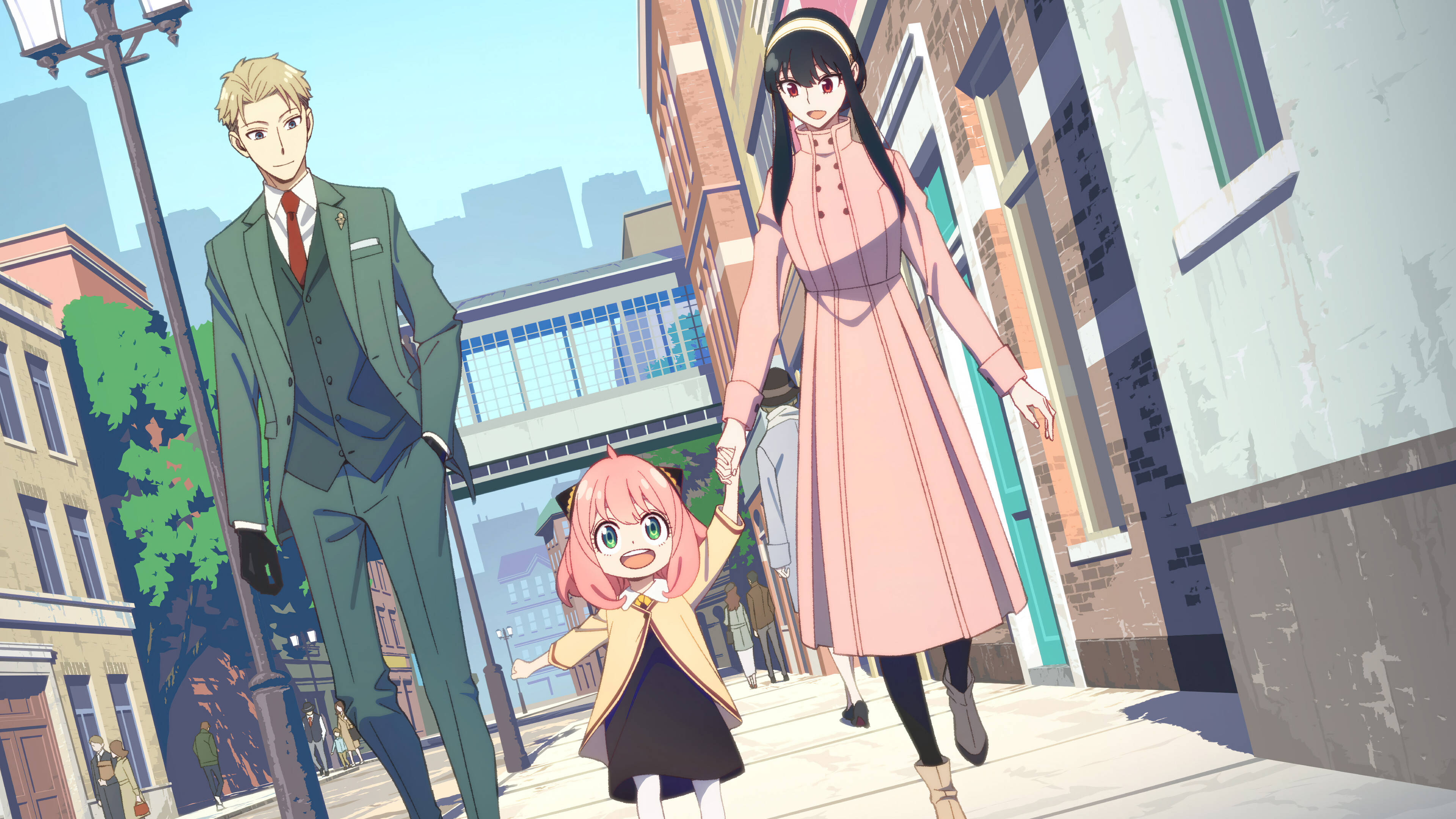 Anya Forger, sunlit city street, brick buildings, 4K Desktop Wallpaper