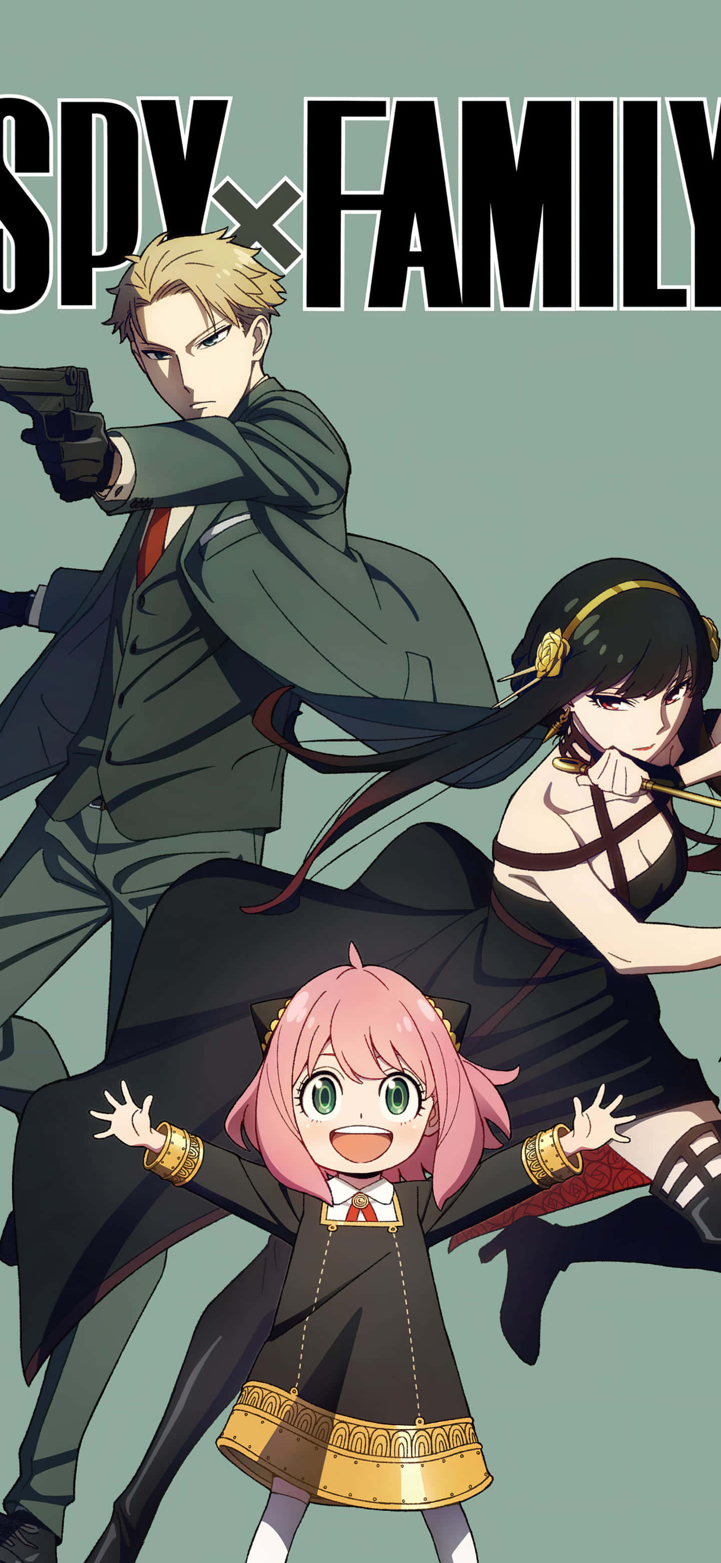 Spy x Family, anime characters, muted green background, 2K Phone Wallpaper