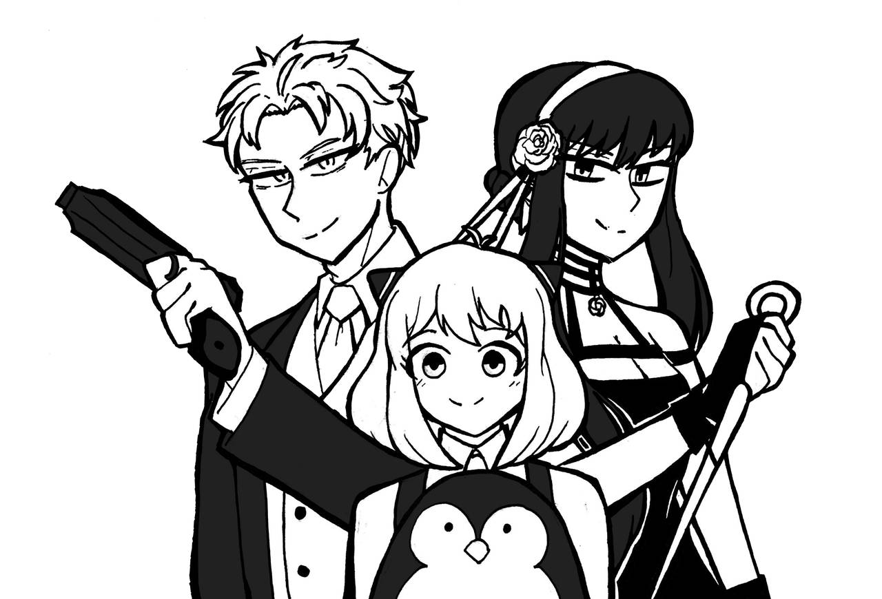 Spy X Family, black and white line art, three anime characters, HD Desktop Wallpaper