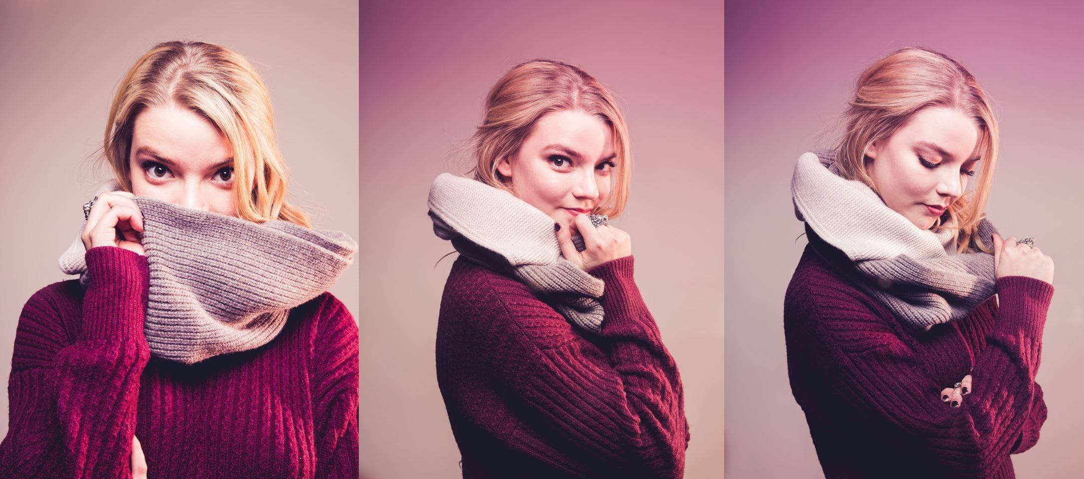 Anya Taylor-Joy, maroon sweater, gray scarf, Full HD Desktop Wallpaper
