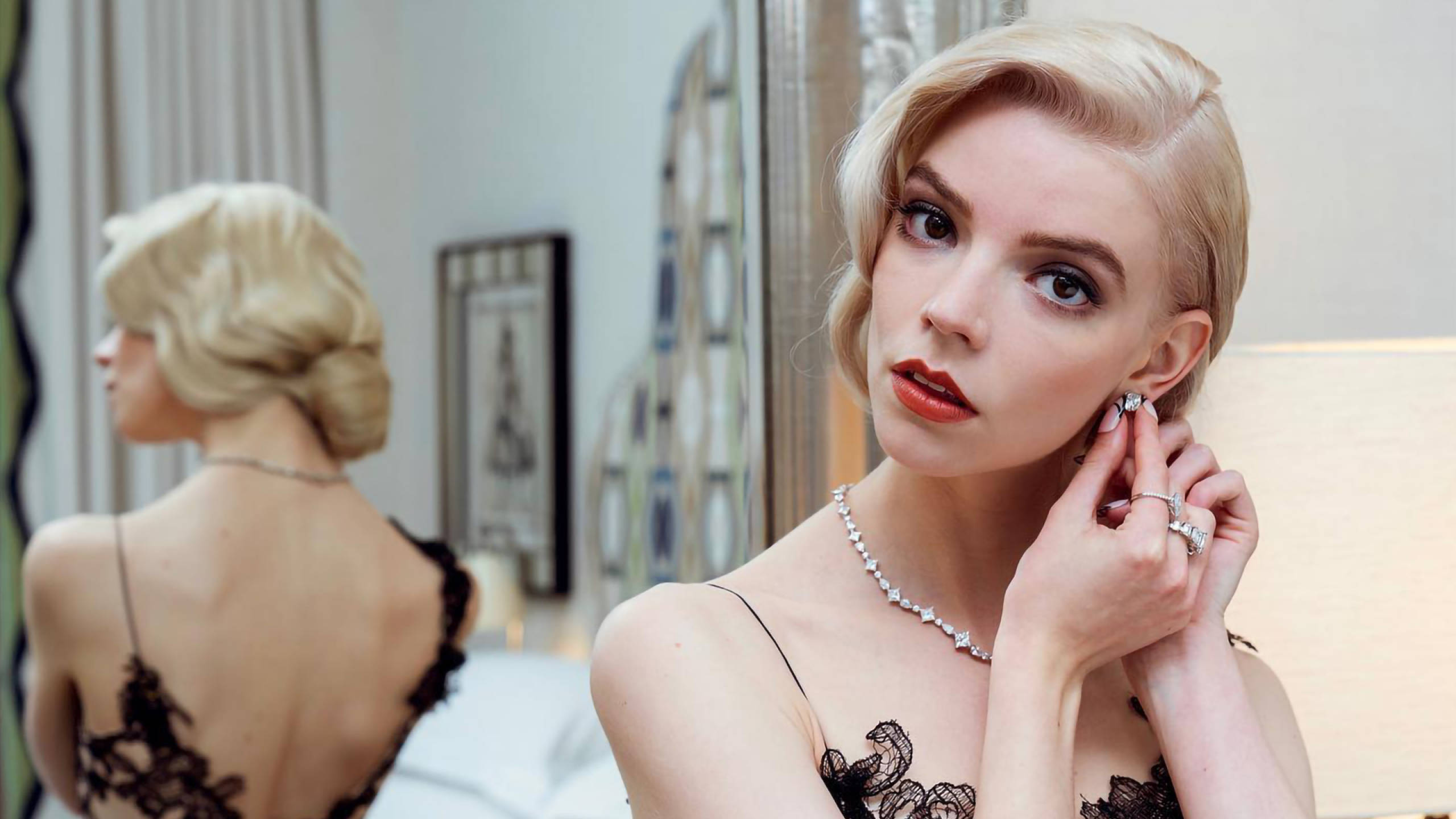 Anya Taylor-Joy, black lace dress, diamond earrings, 2K Desktop Wallpaper