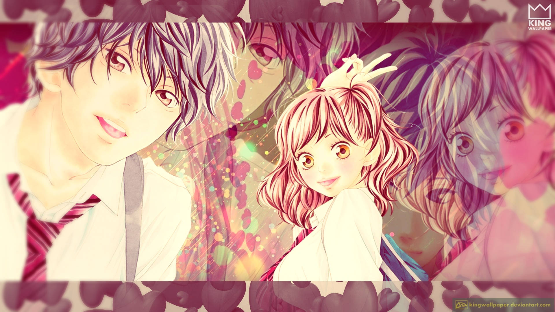 Ao Haru Ride, pink and purple tones, heart-shaped sparkles, Full HD Desktop Wallpaper