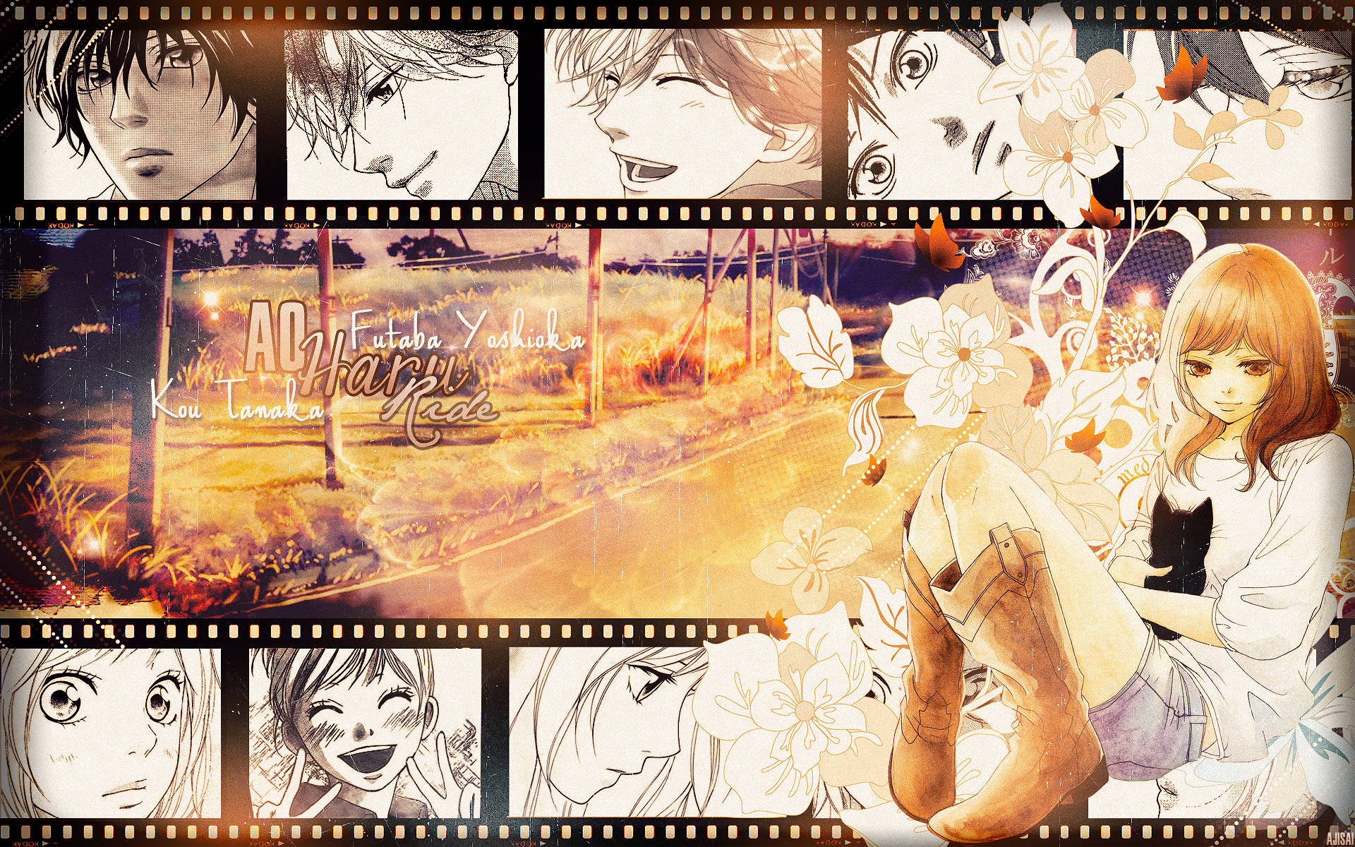 Ao Haru Ride, filmstrip frames, floral overlays, Full HD Desktop Wallpaper