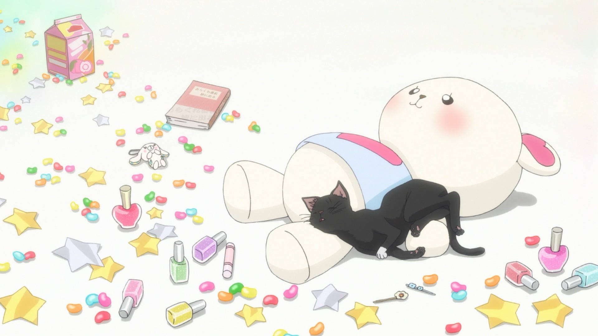 Ao Haru Ride, black cat, white bunny plush, Full HD Desktop Wallpaper