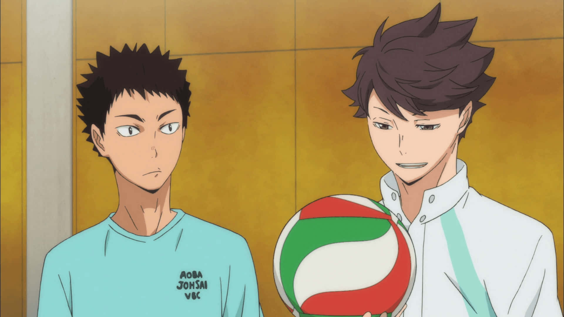 Aoba Johsai, anime volleyball players, red green and white ball, Full HD Desktop Wallpaper