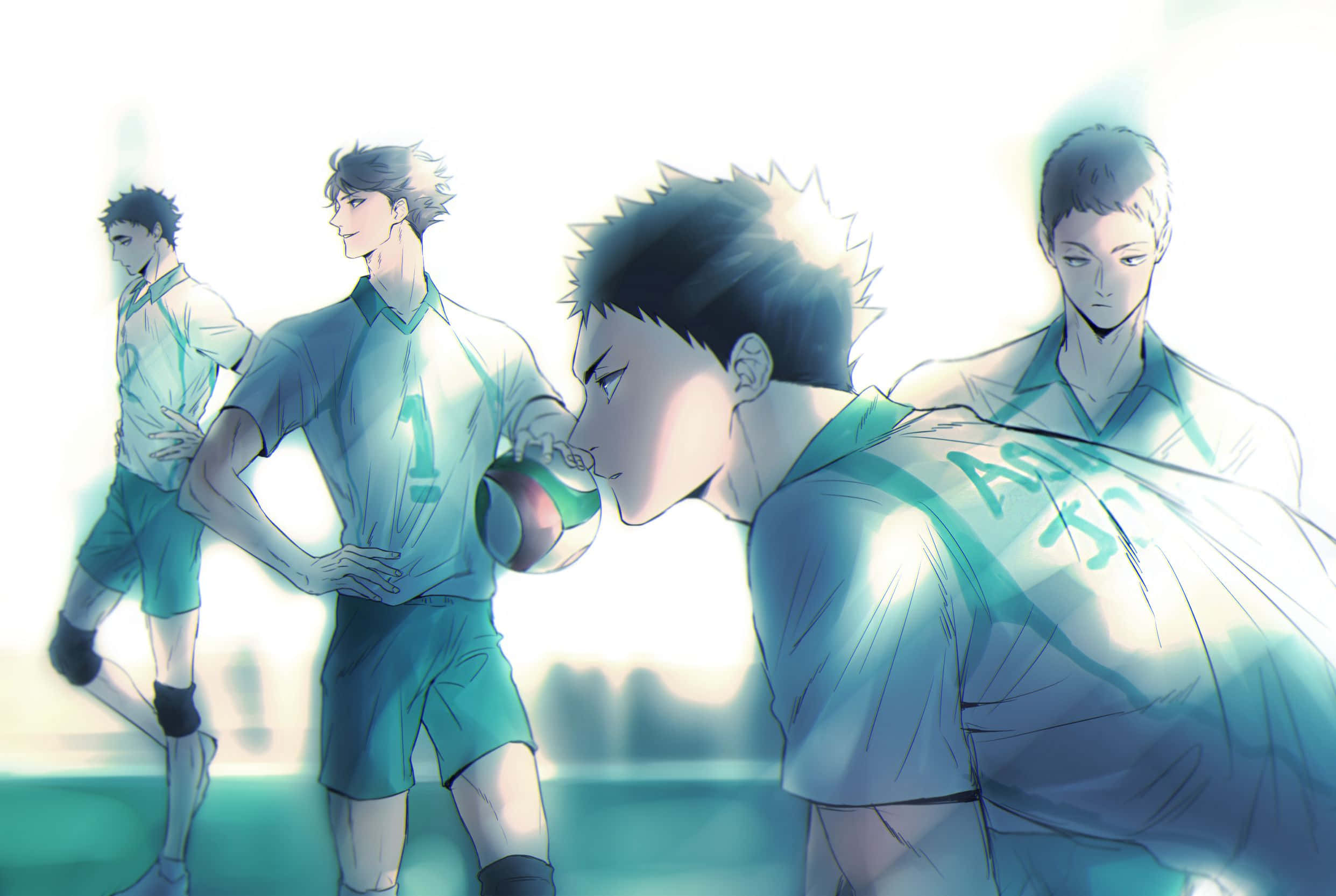 Aoba Johsai, teal uniforms, volleyball court, Full HD Desktop Wallpaper