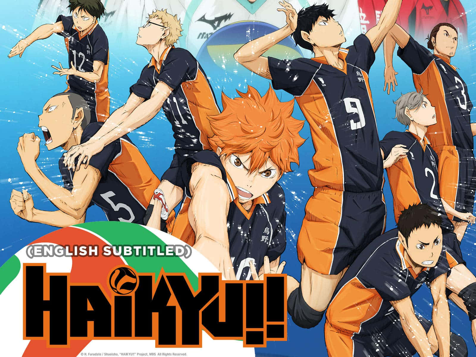 Aoba Johsai, orange and navy uniforms, anime volleyball players, HD Desktop Wallpaper