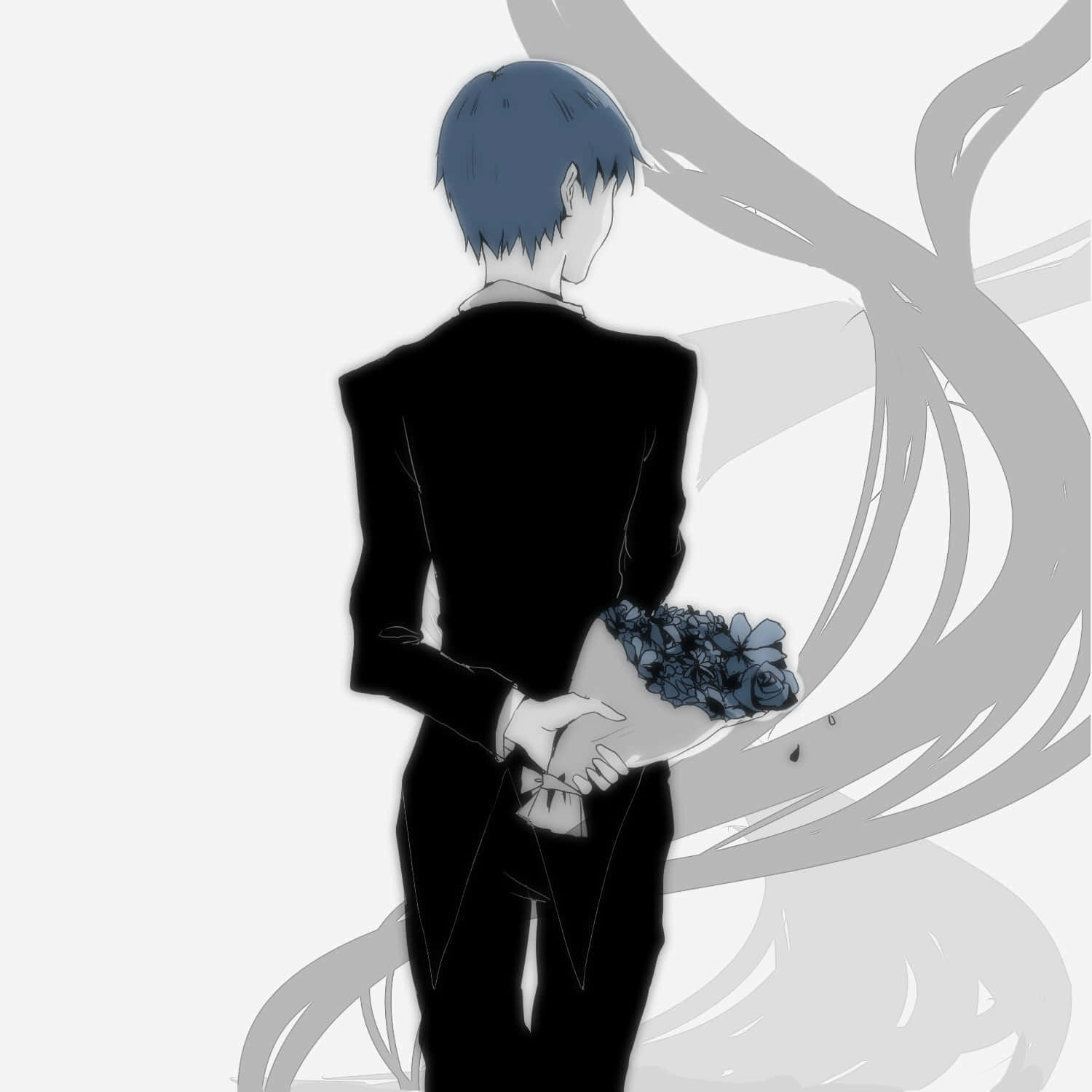Aoba Kuronuma, black suit, blue flower bouquet, HD Desktop Wallpaper