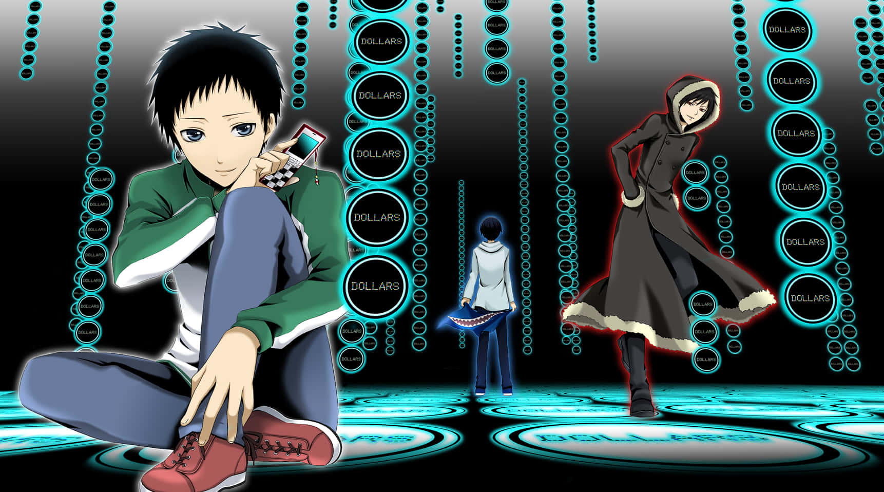 Aoba Kuronuma, teal dollar symbols, digital money-themed scene, HD Desktop Wallpaper
