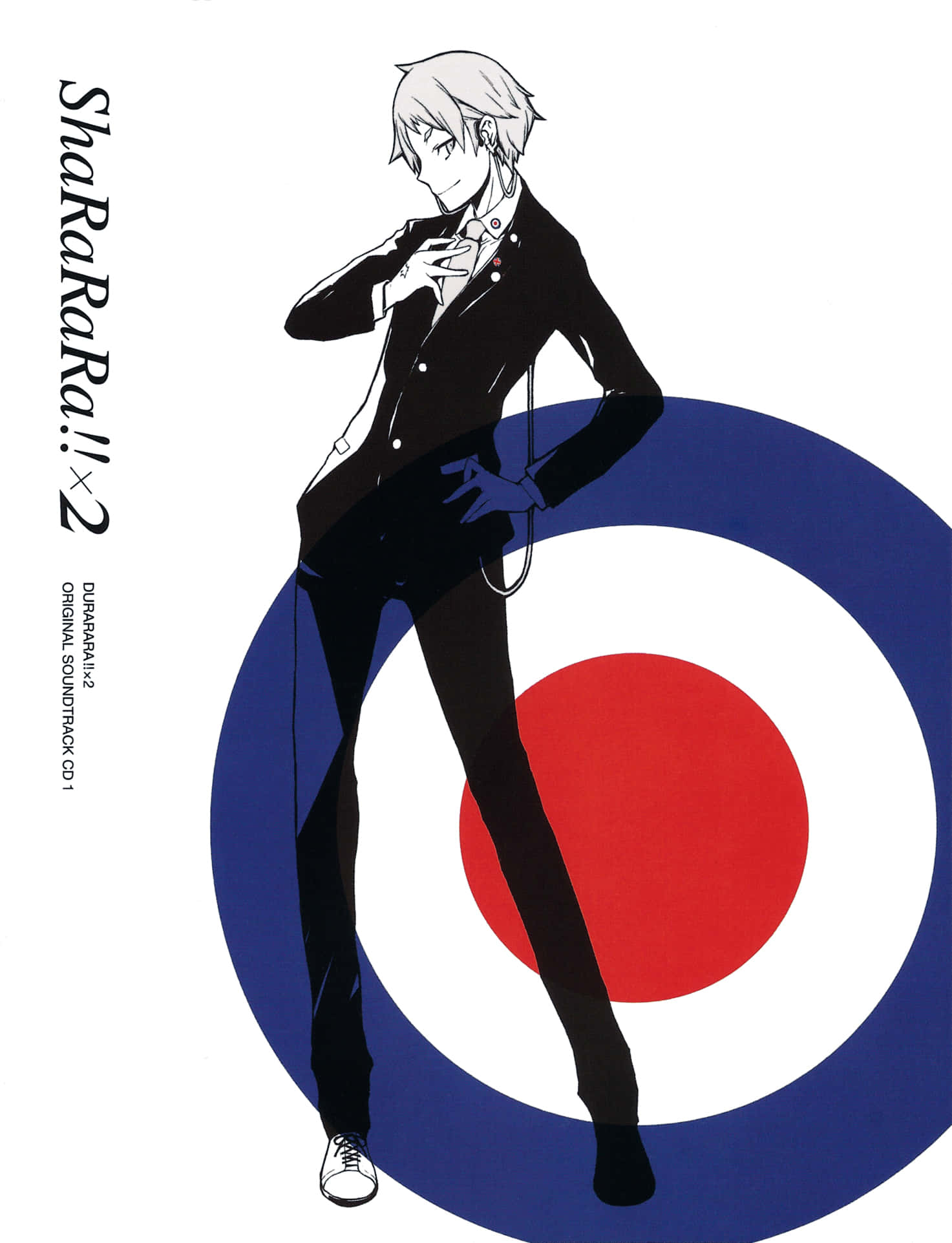 Aoba Kuronuma, black suit, bold red white and blue target background, Full HD Phone Wallpaper
