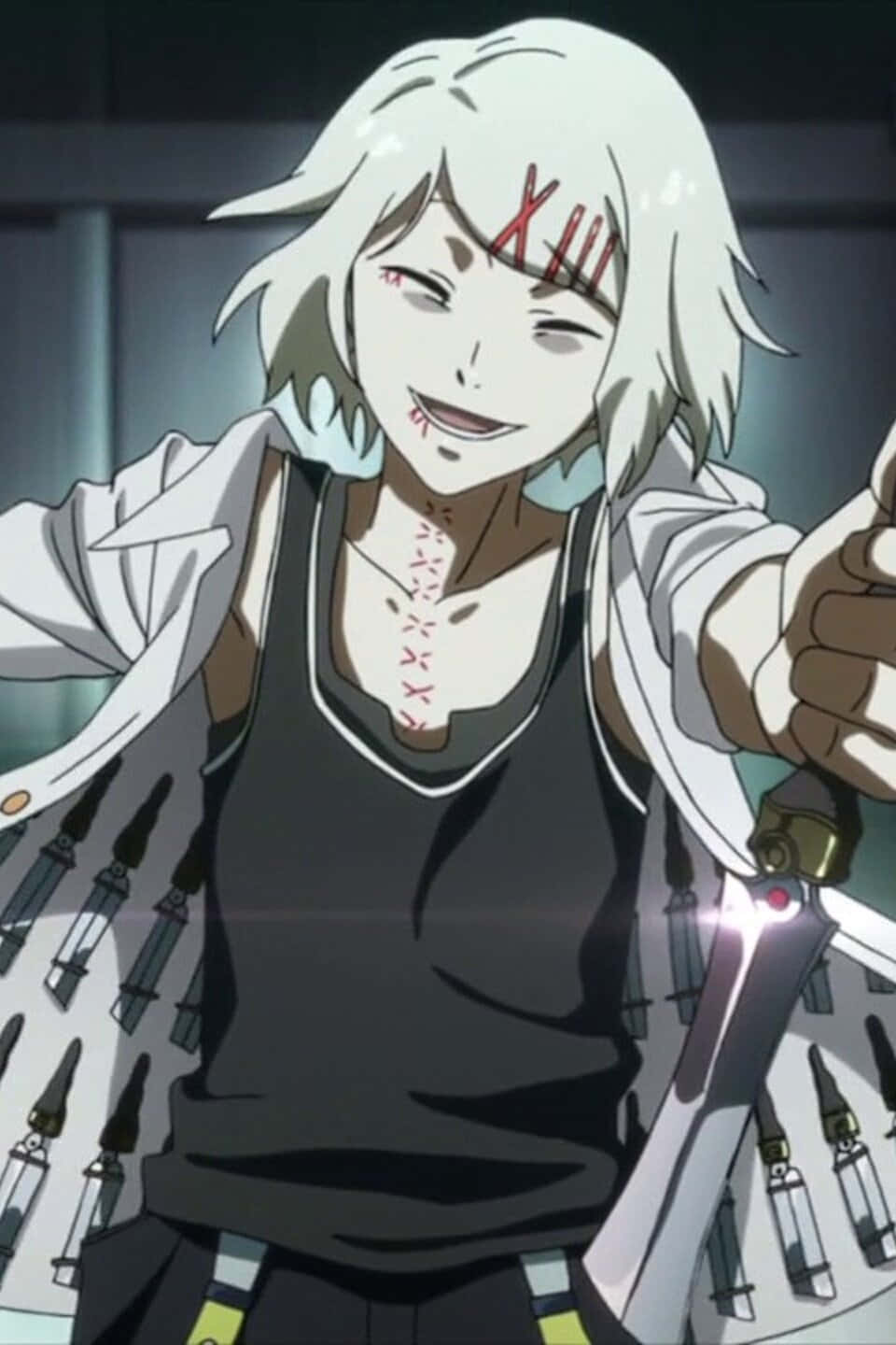 Aogiri Tree, white-haired anime character, red X marks on face and chest, HD Phone Wallpaper