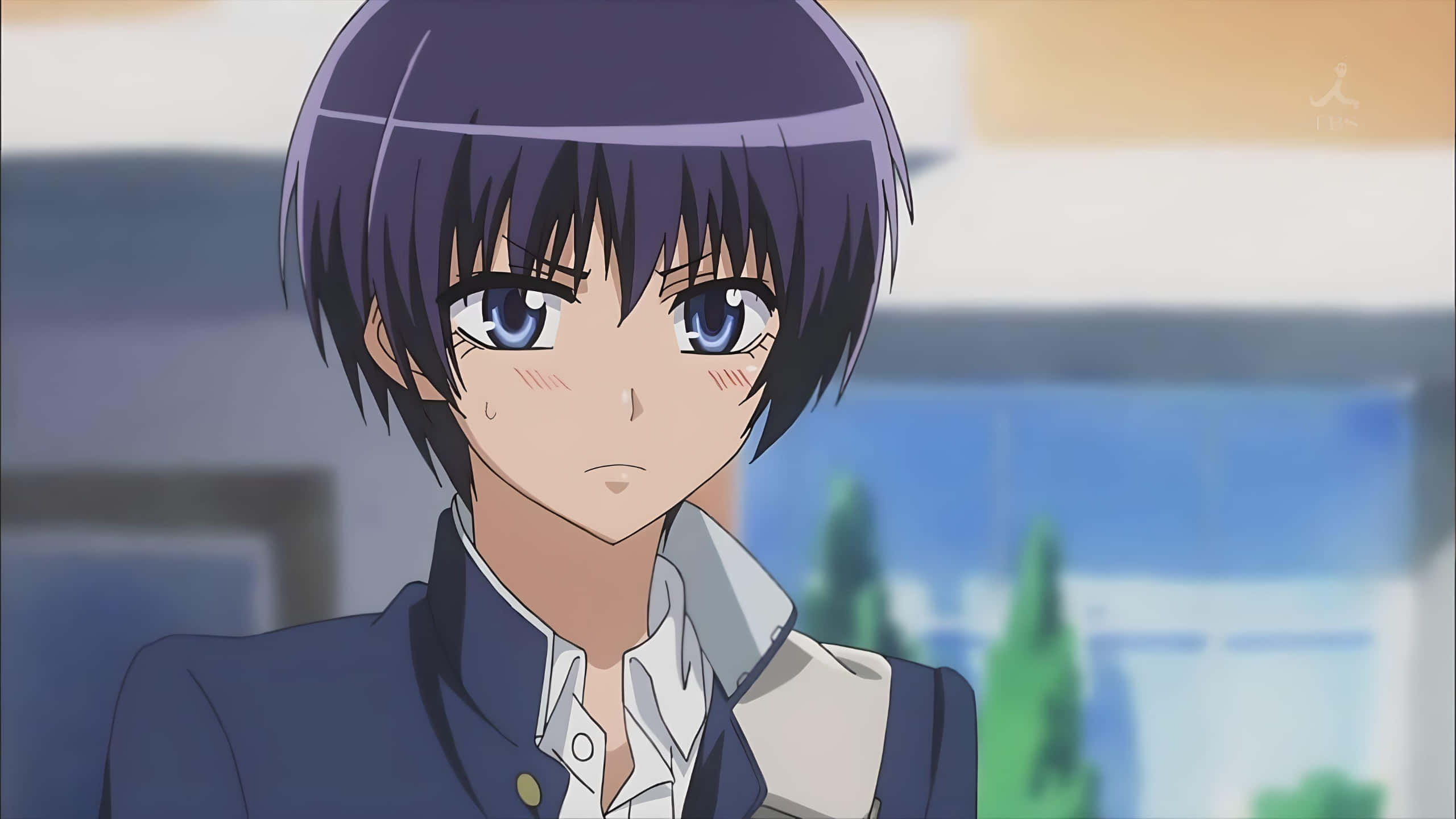 Aoi Hyoudou, short purple hair, blue eyes, 2K Desktop Wallpaper