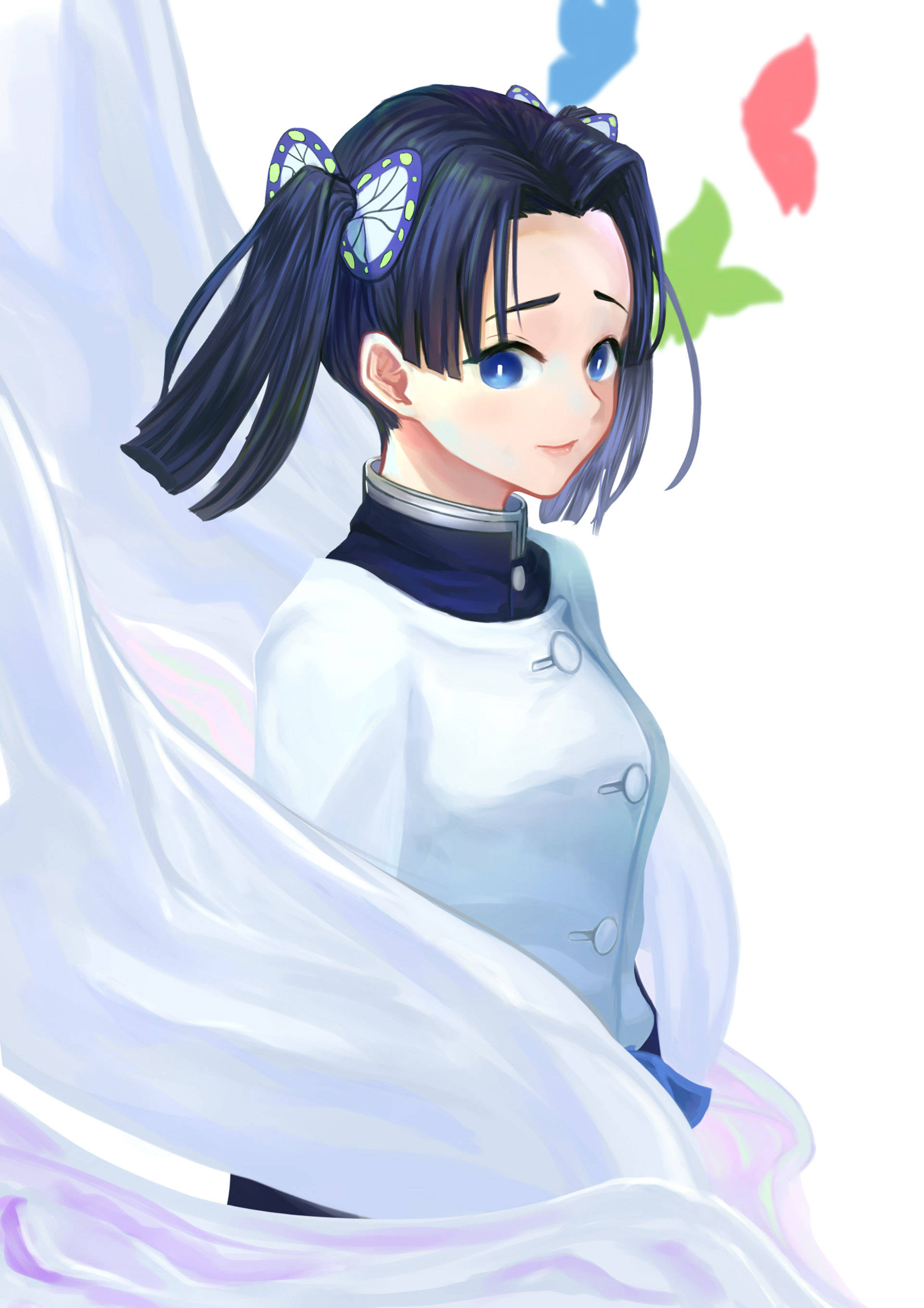 Aoi Kanzaki, colorful butterflies, dark pigtails, 2K Phone Wallpaper