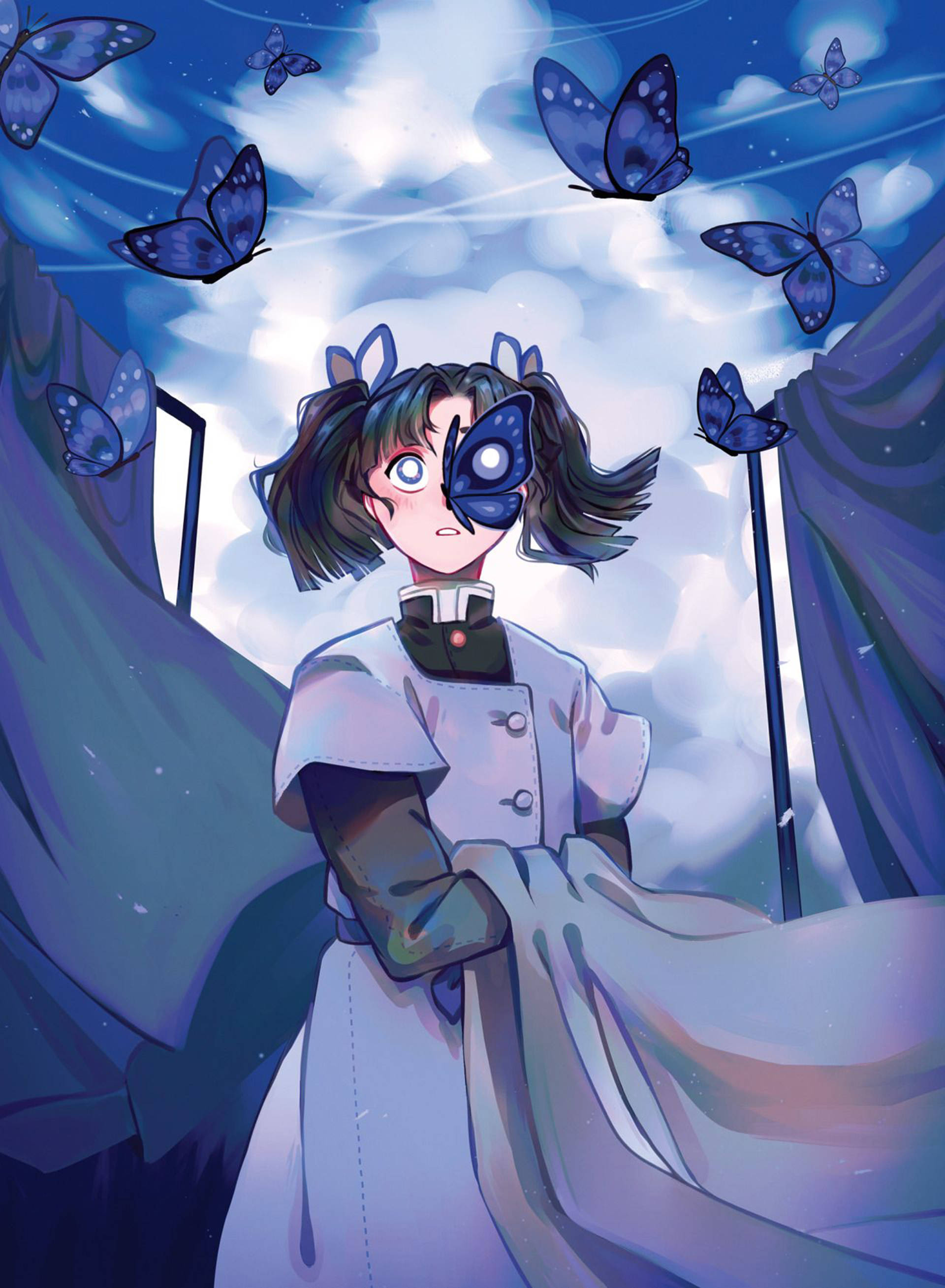 Aoi Kanzaki, blue butterfly mask, pigtails, 2K Phone Wallpaper