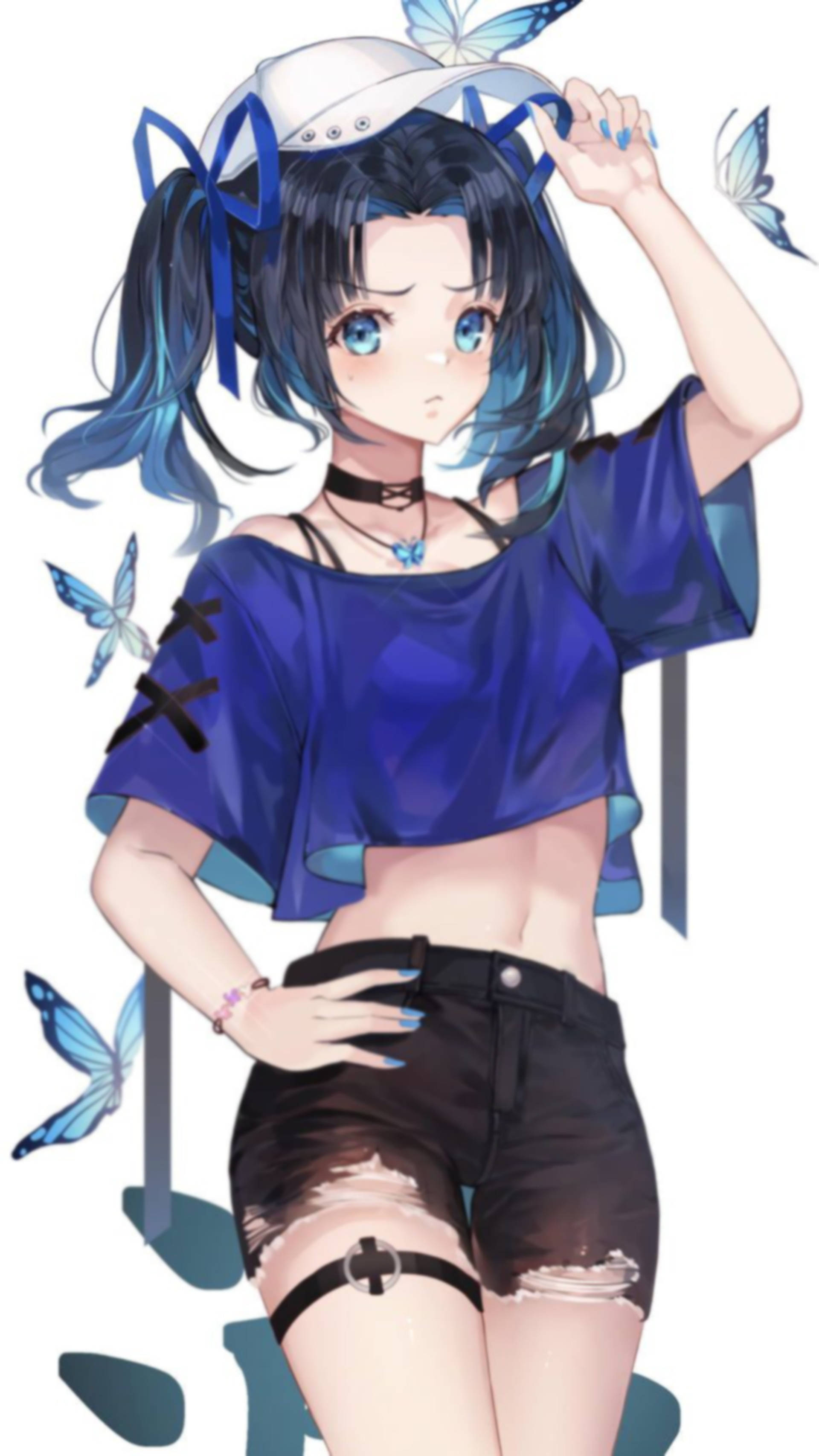 Aoi Kanzaki, blue-haired, blue crop top, 2K Phone Wallpaper