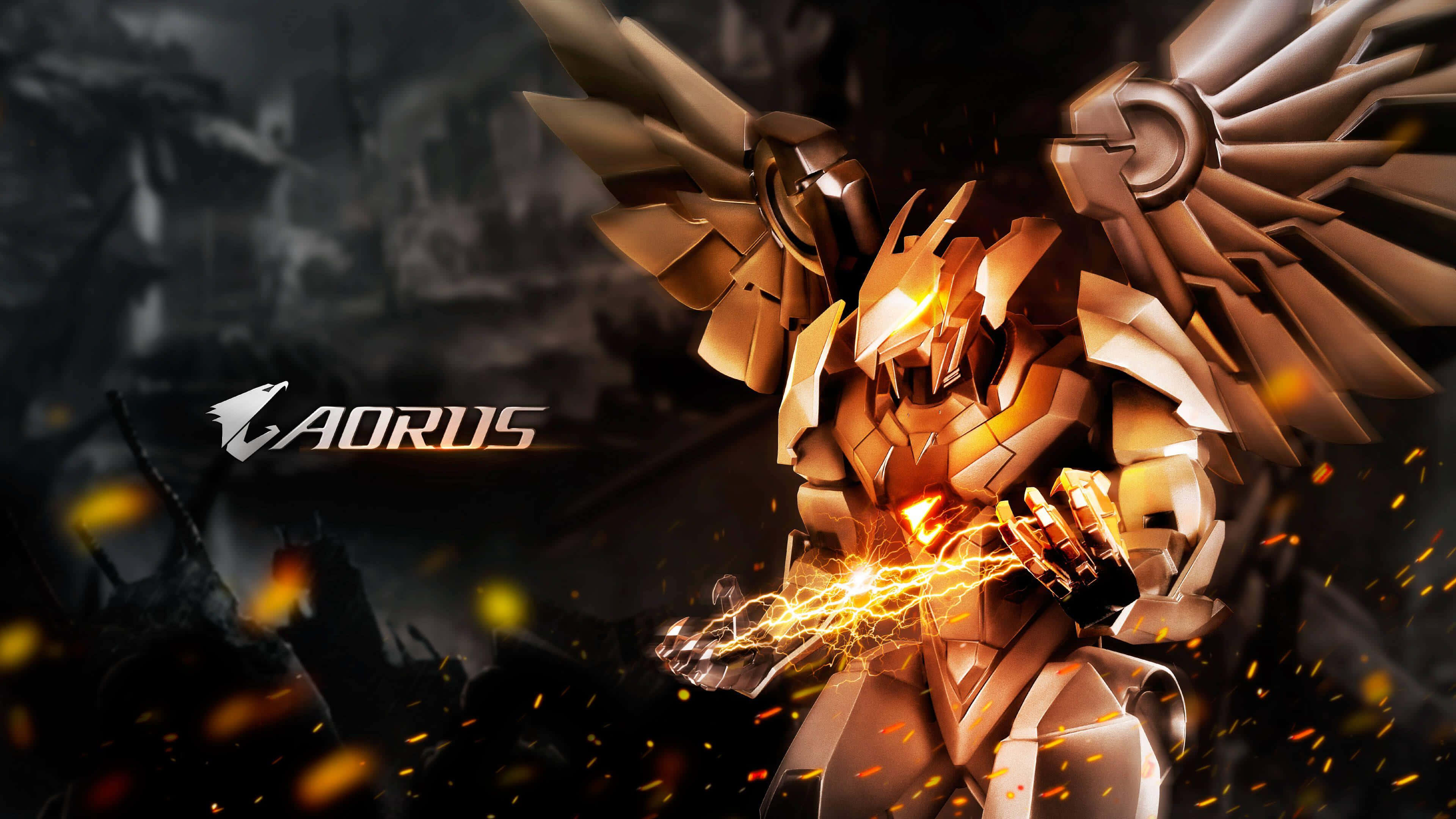 Aorus, mechanical eagle, golden armored mech, 4K Desktop Wallpaper