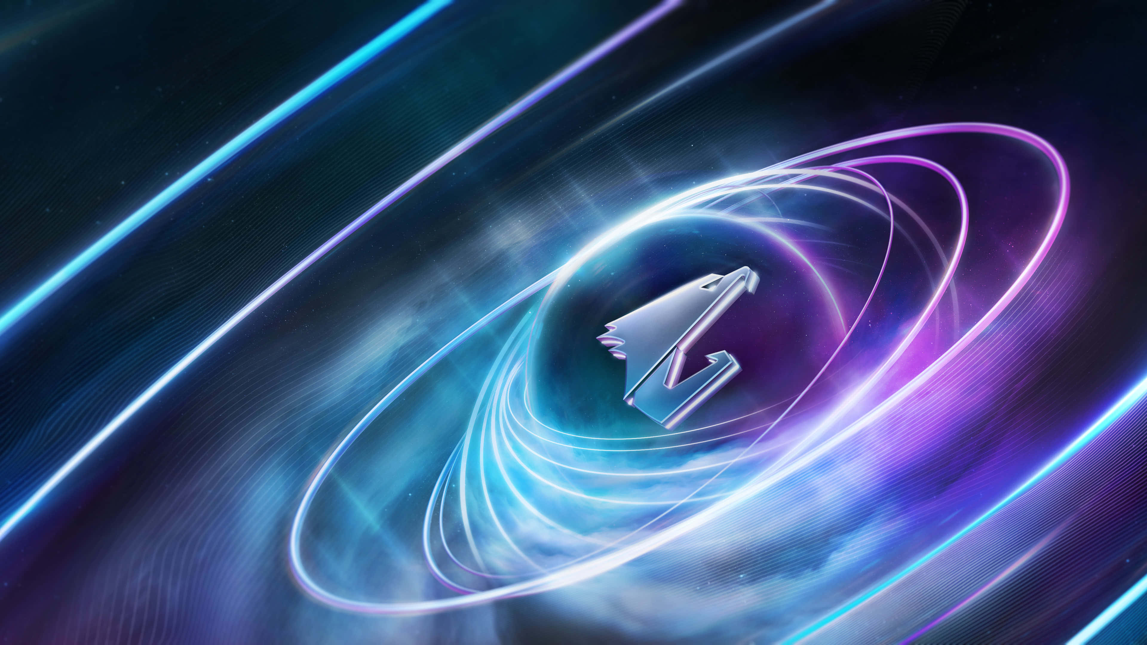 Aorus, silver wolf head logo, neon rings, 4K Desktop Wallpaper