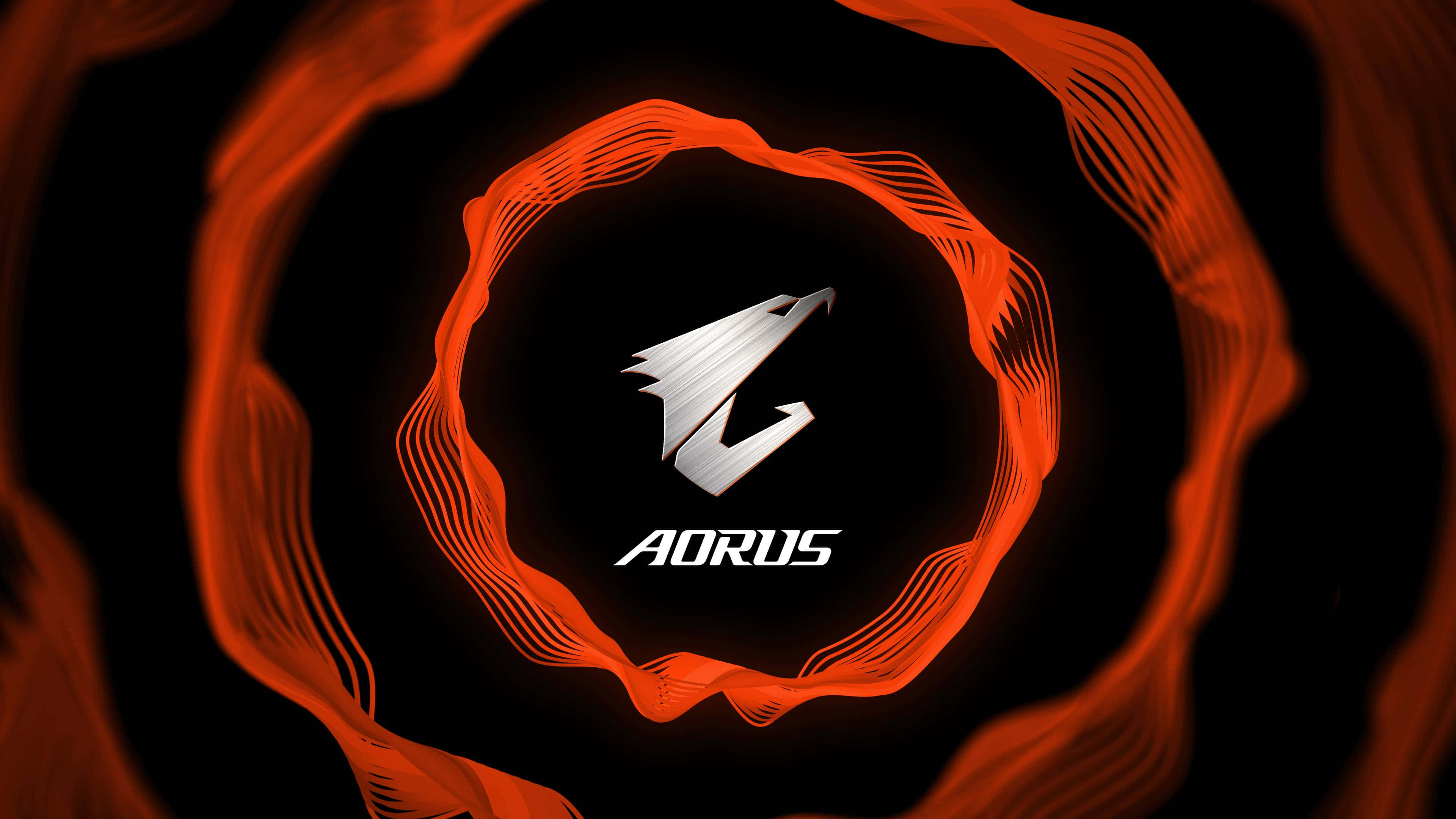 AORUS logo, glowing orange vortex, silver AORUS logo, 4K Desktop Wallpaper
