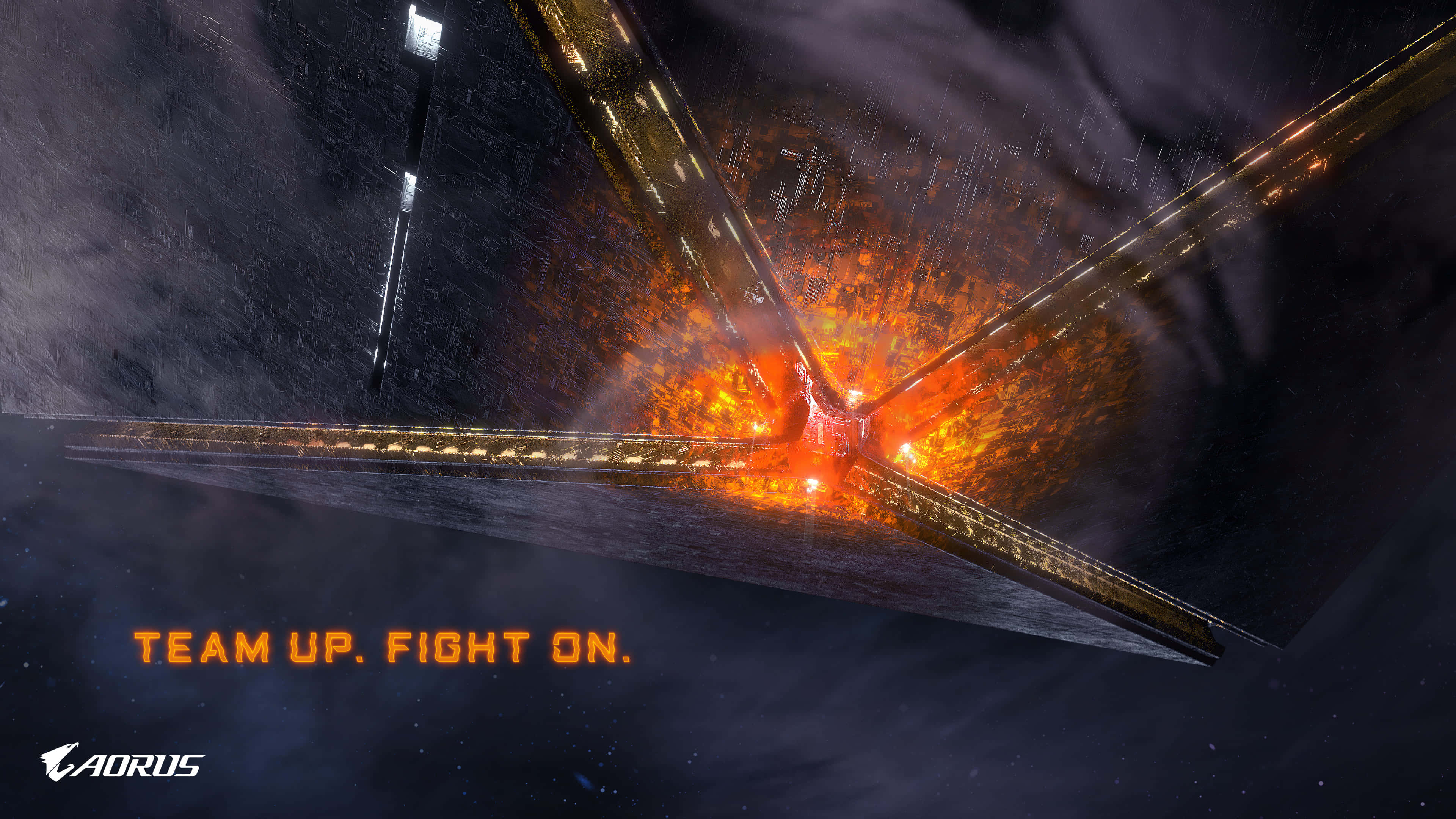 Aorus, futuristic spaceship, fiery orange, 4K Desktop Wallpaper