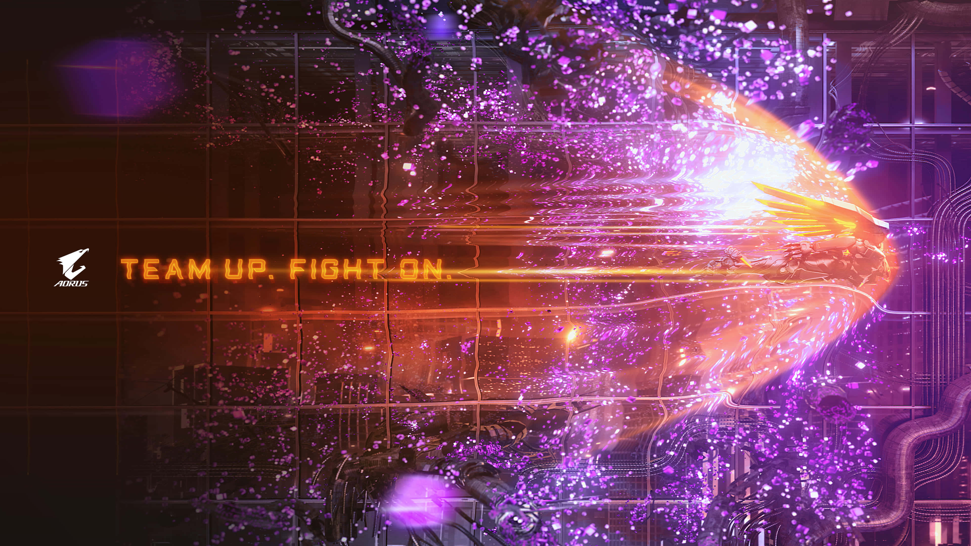 Aorus, glowing orange and purple energy blast, digital grid, 4K Desktop Wallpaper