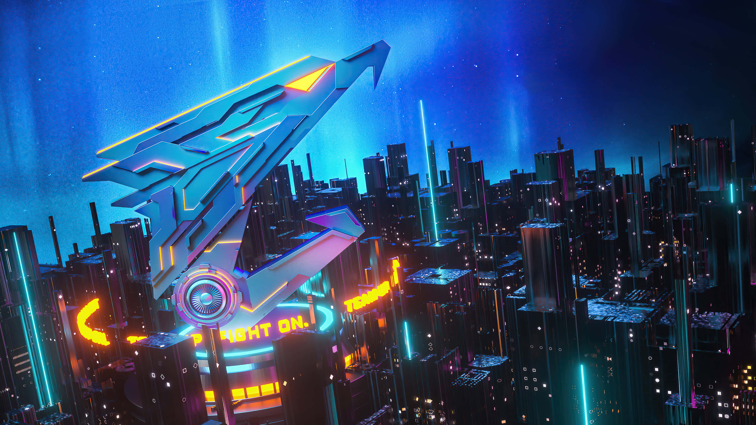 Aorus, futuristic spaceship, neon-lit cyberpunk cityscape, 2K Desktop Wallpaper
