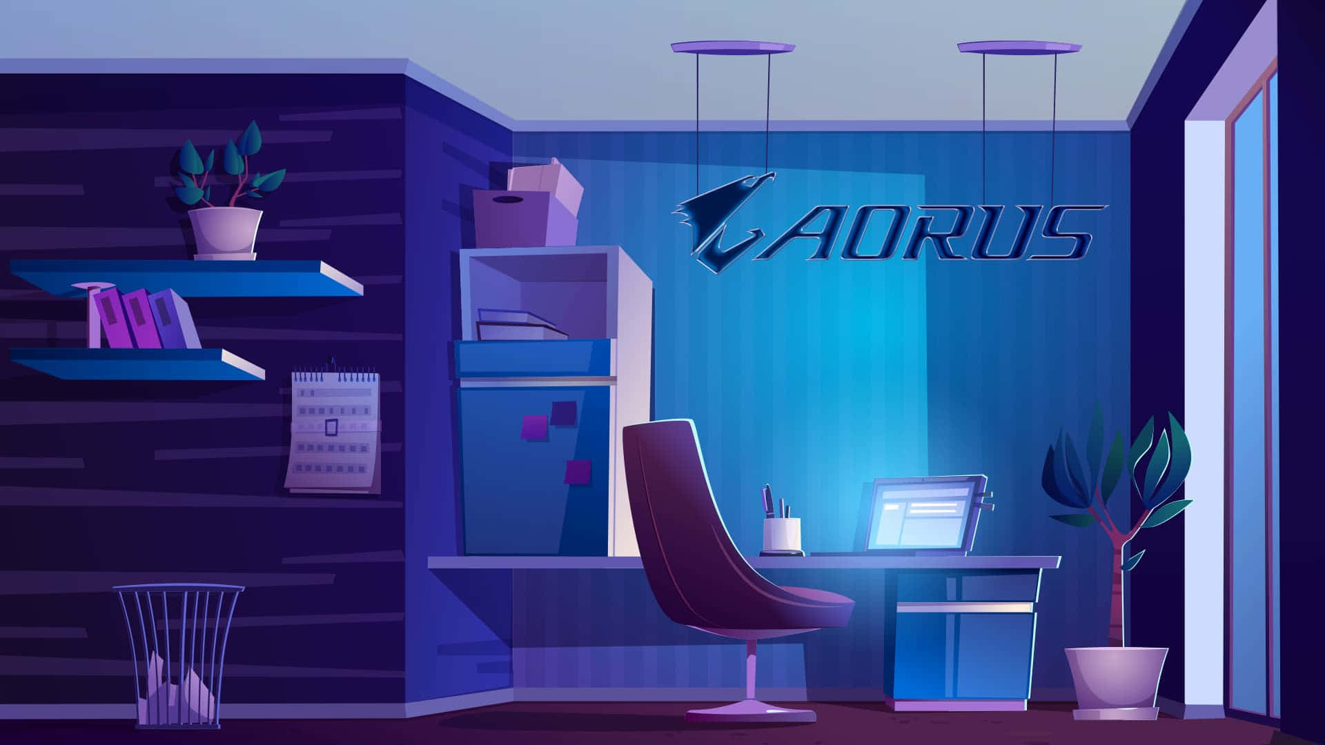 Aorus, cool blue and purple light, modern gaming office, Full HD Desktop Wallpaper