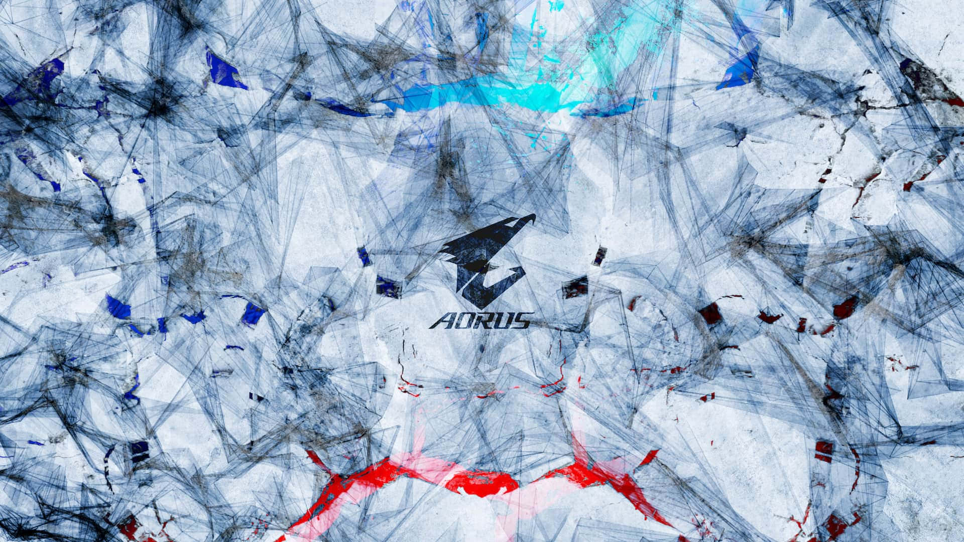 AORUS logo, shattered glass fragments, bold red blue accents, Full HD Desktop Wallpaper