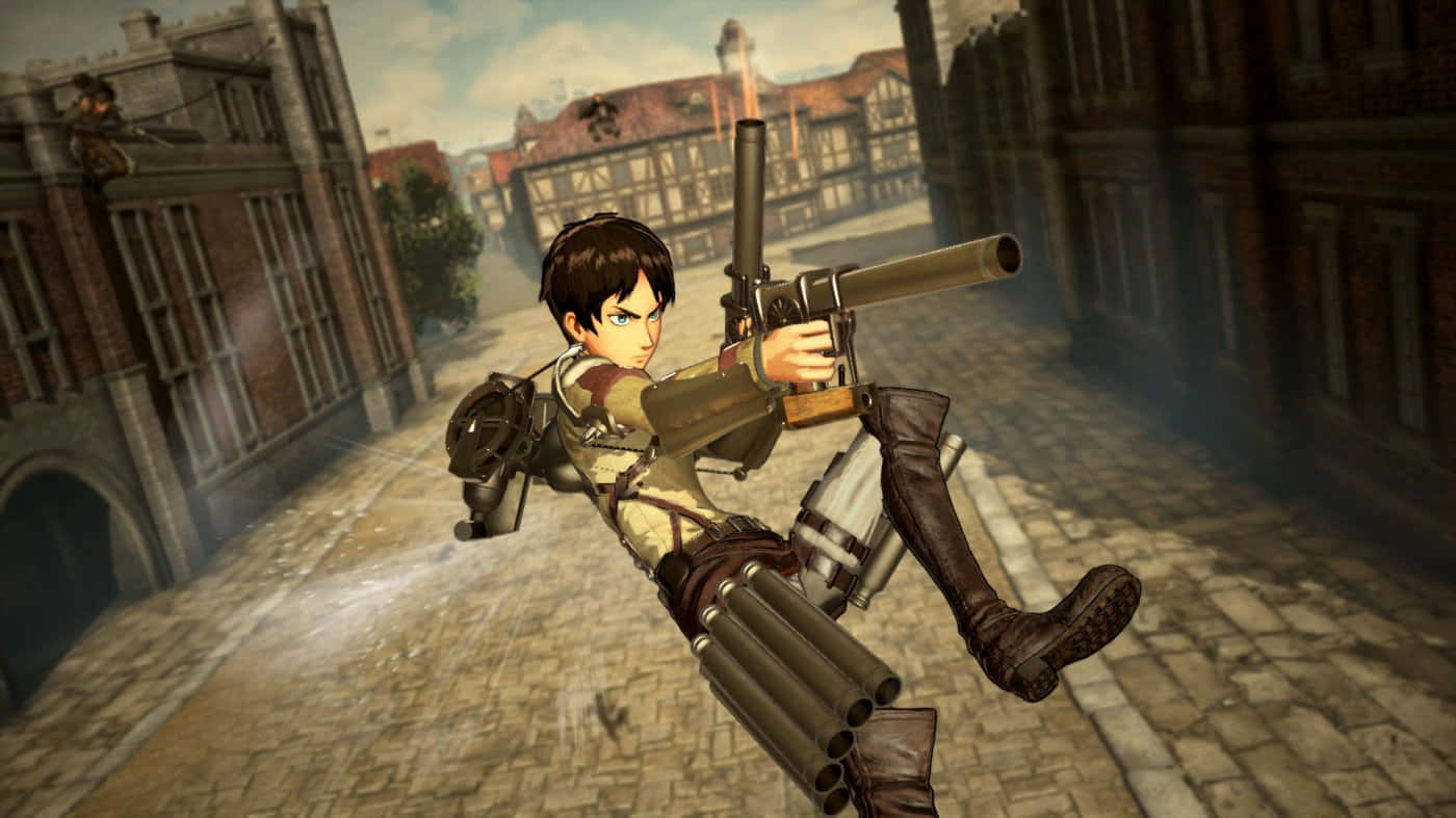 Aot 2 Final Battle, mechanical suit, cobblestone European town street, HD Desktop Wallpaper