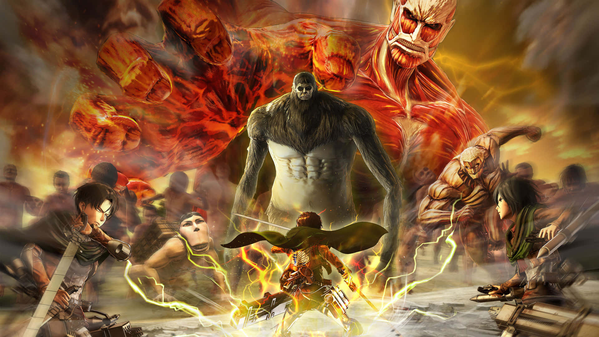Aot 2 Final Battle, colossal fiery titans, chaotic explosive battlefield, Full HD Desktop Wallpaper