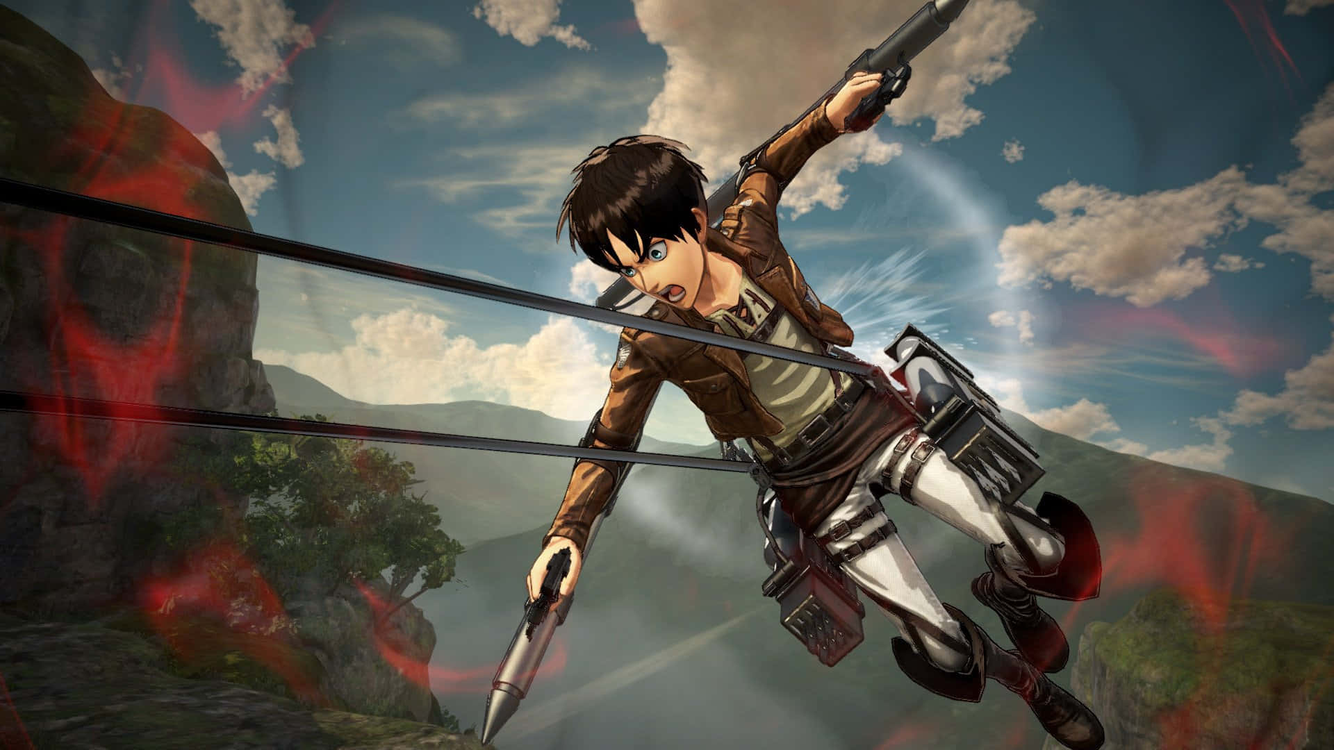 Aot 2 Final Battle, maneuver gear system, red energy trails, Full HD Desktop Wallpaper