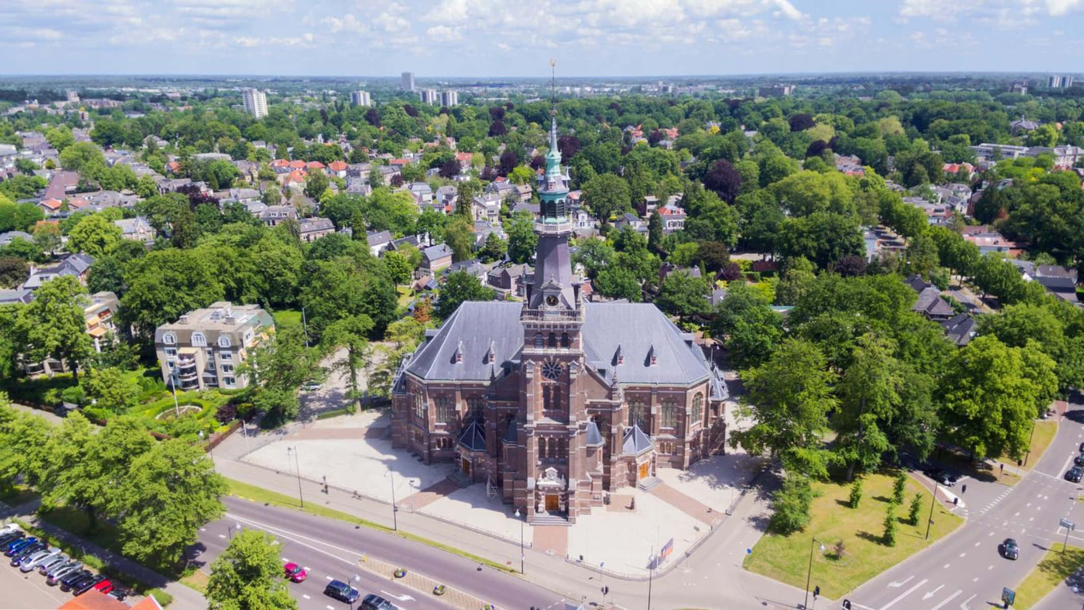 Apeldoorn, historic brick church, tall spire, Full HD Desktop Wallpaper