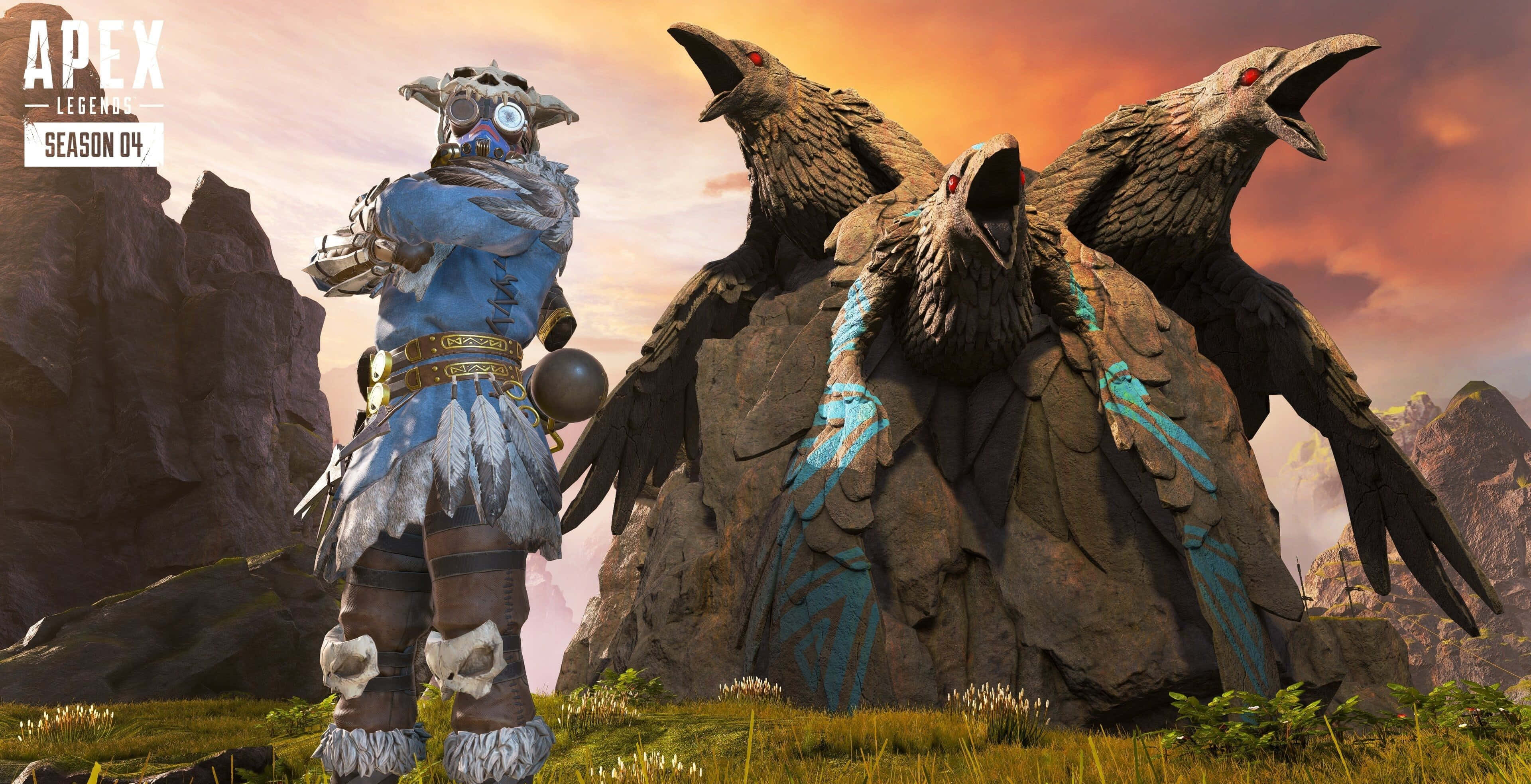 Apex Legends Bloodhound, blue armor, three giant ravens, 4K Desktop Wallpaper