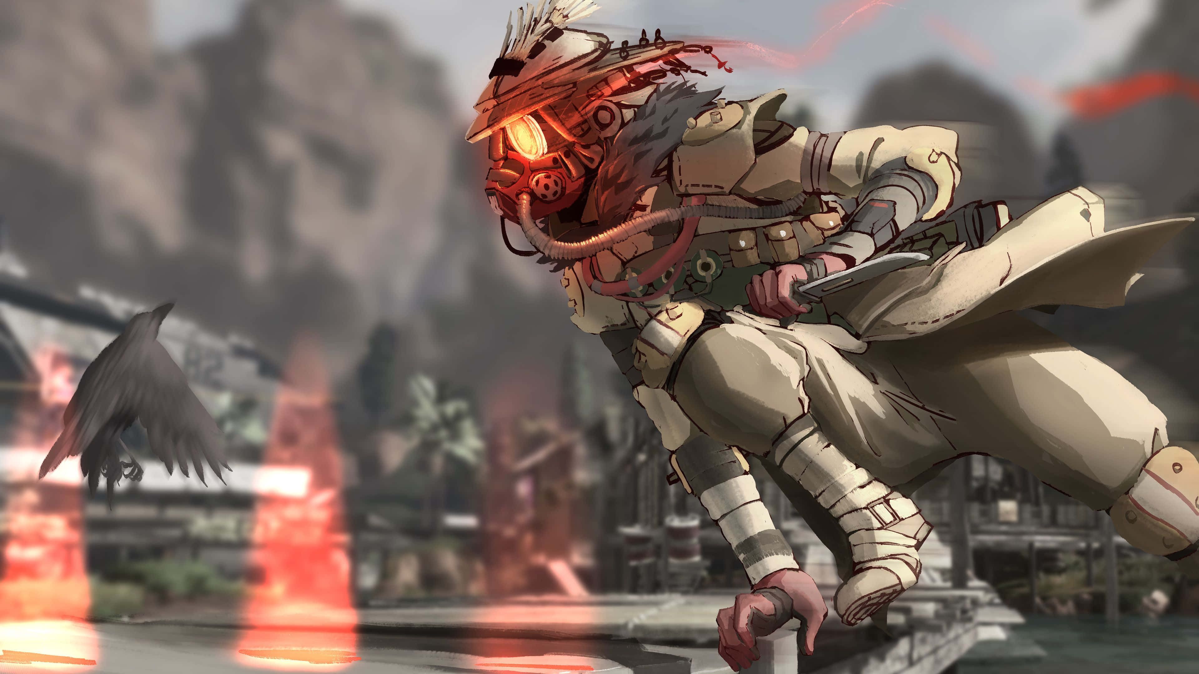Apex Legends Bloodhound, steampunk warrior, glowing red helmet, 4K Desktop Wallpaper