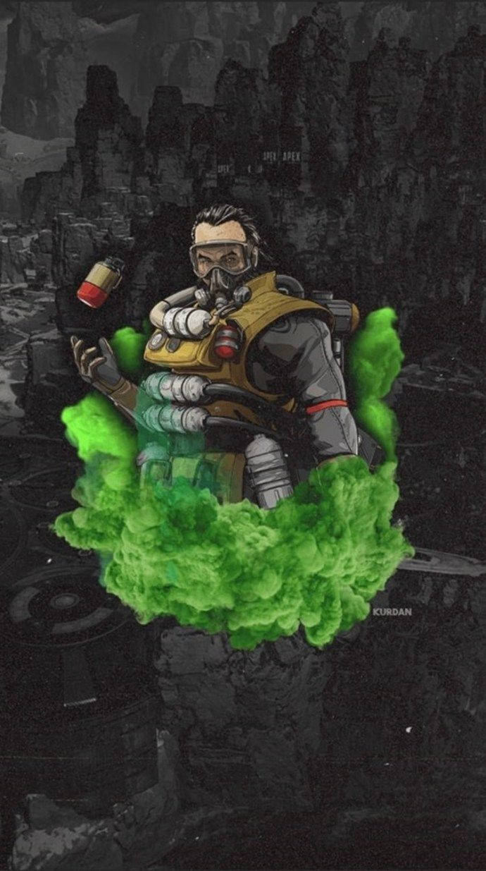 Apex Legends Caustic, tactical gear, vibrant green smoke, SD Phone Wallpaper