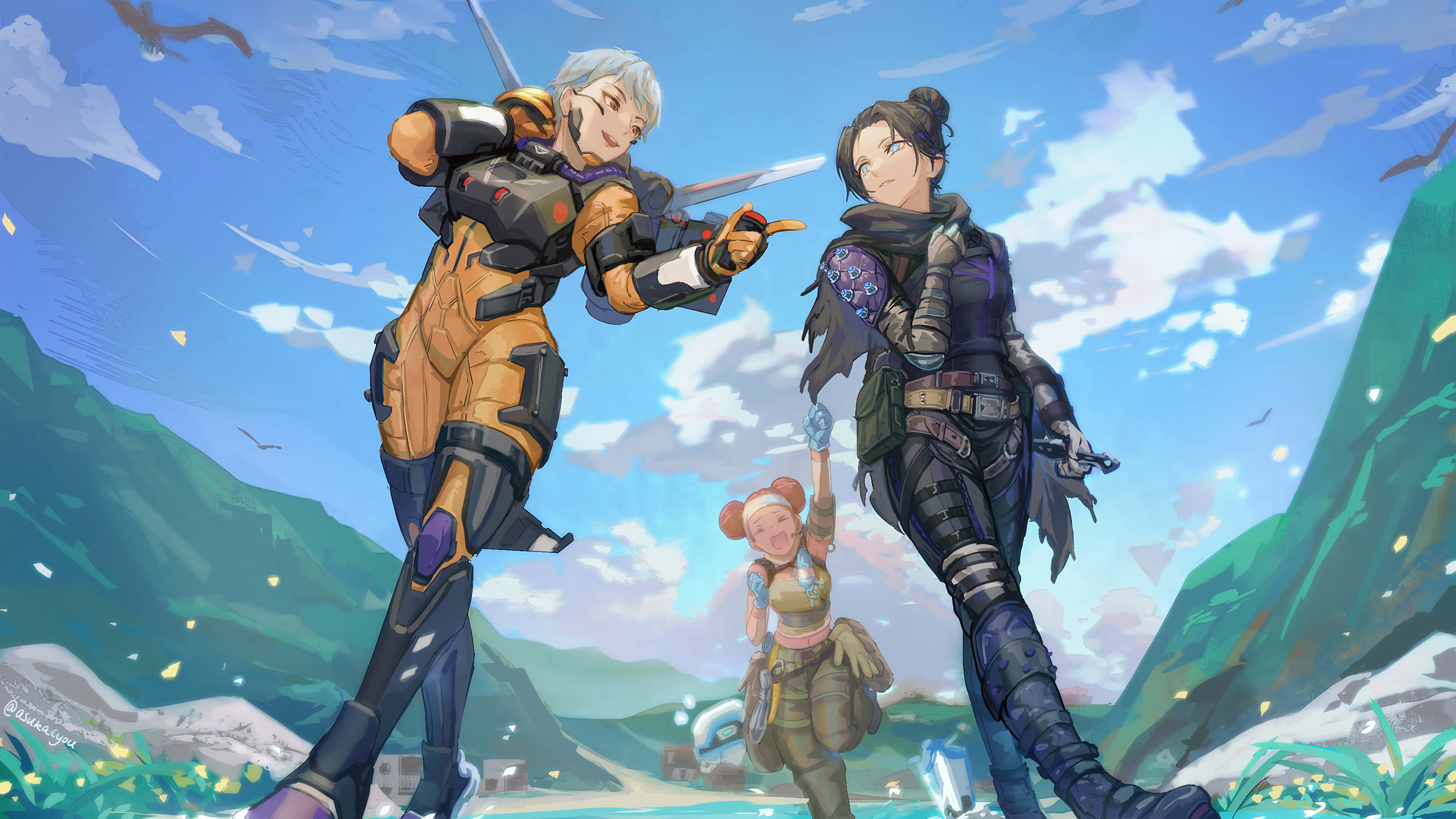 Apex Legends Characters, mountainous valley, bright blue sky, 4K Desktop Wallpaper