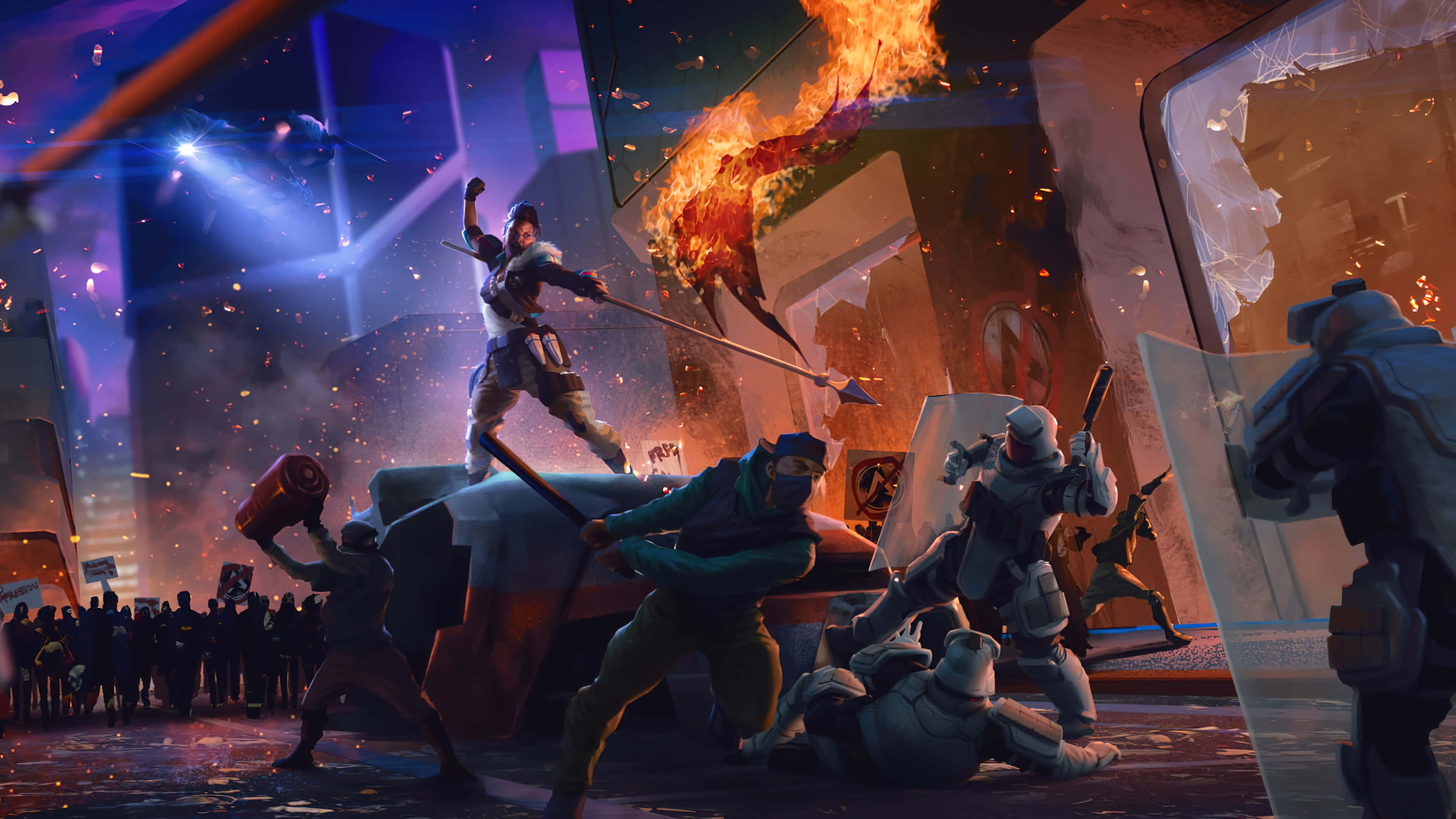 Apex Legends Characters, fiery urban battle, shattered buildings, 4K Desktop Wallpaper