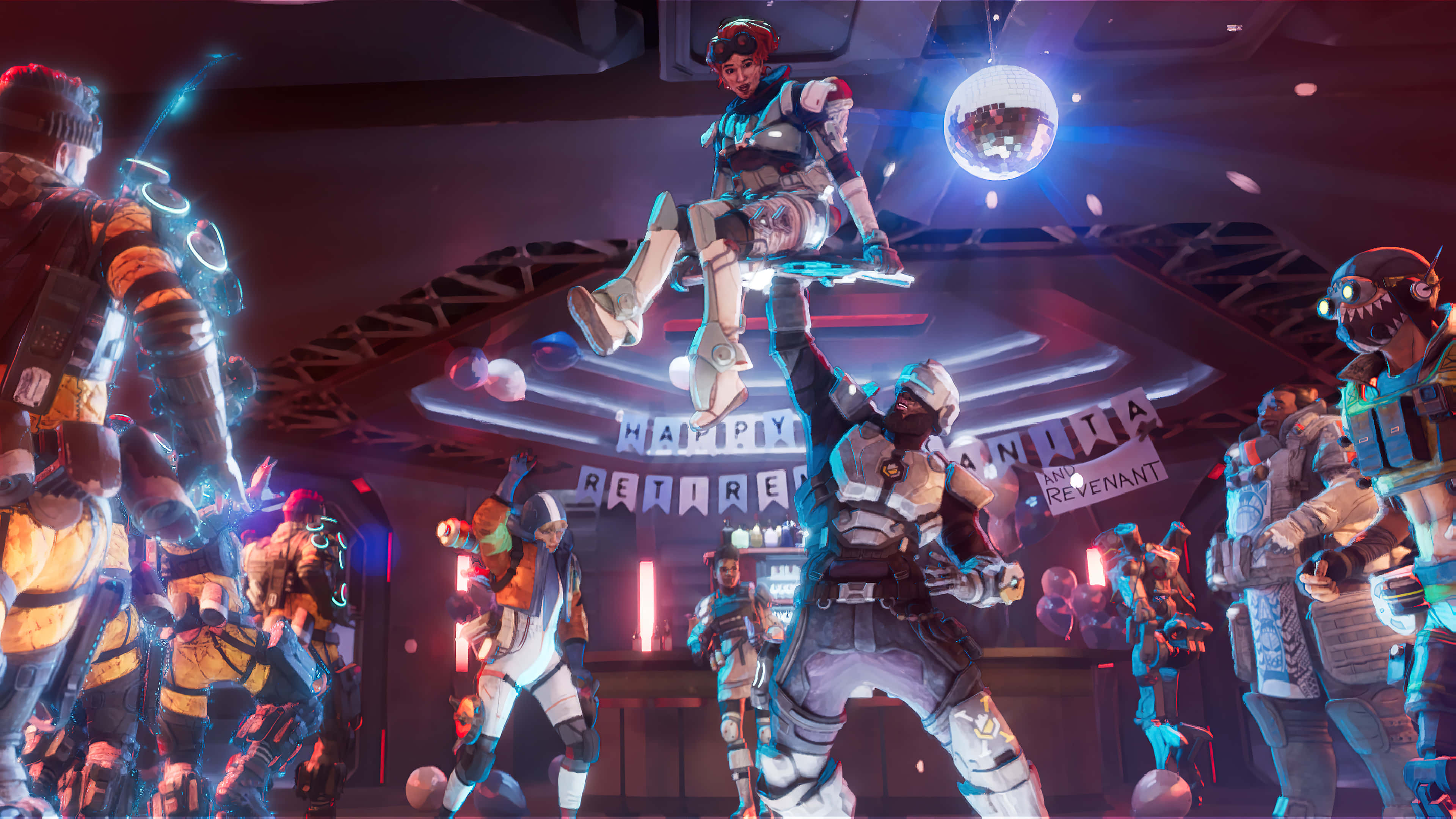 Apex Legends, futuristic party scene, armored characters, 4K Desktop Wallpaper