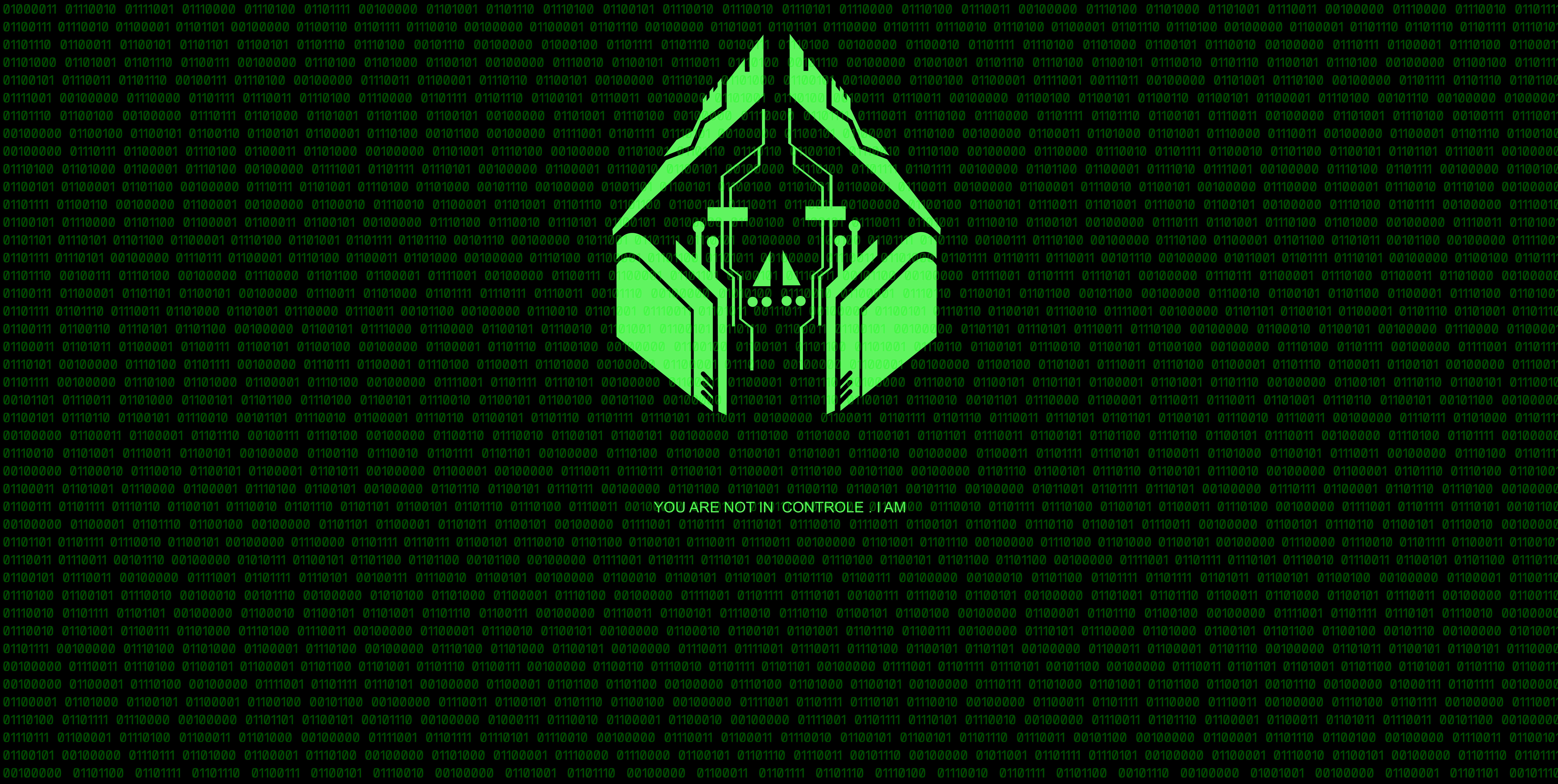 Apex Legends Crypto, glowing green circuit board logo, text reads you are not in control i am, 8K Desktop Wallpaper