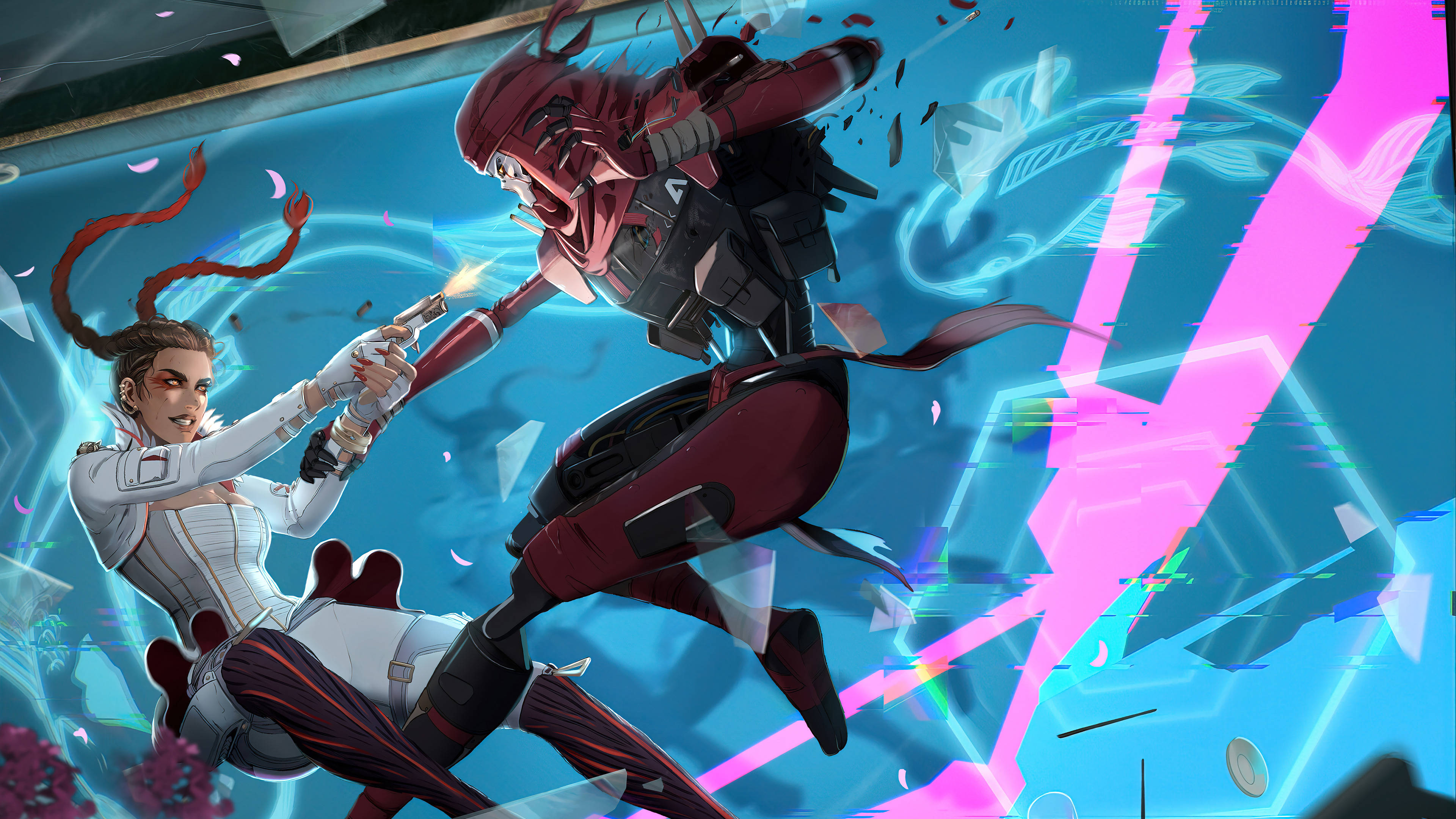 Apex Legends Loba, neon-drenched digital arena, shattered glass, 4K Desktop Wallpaper
